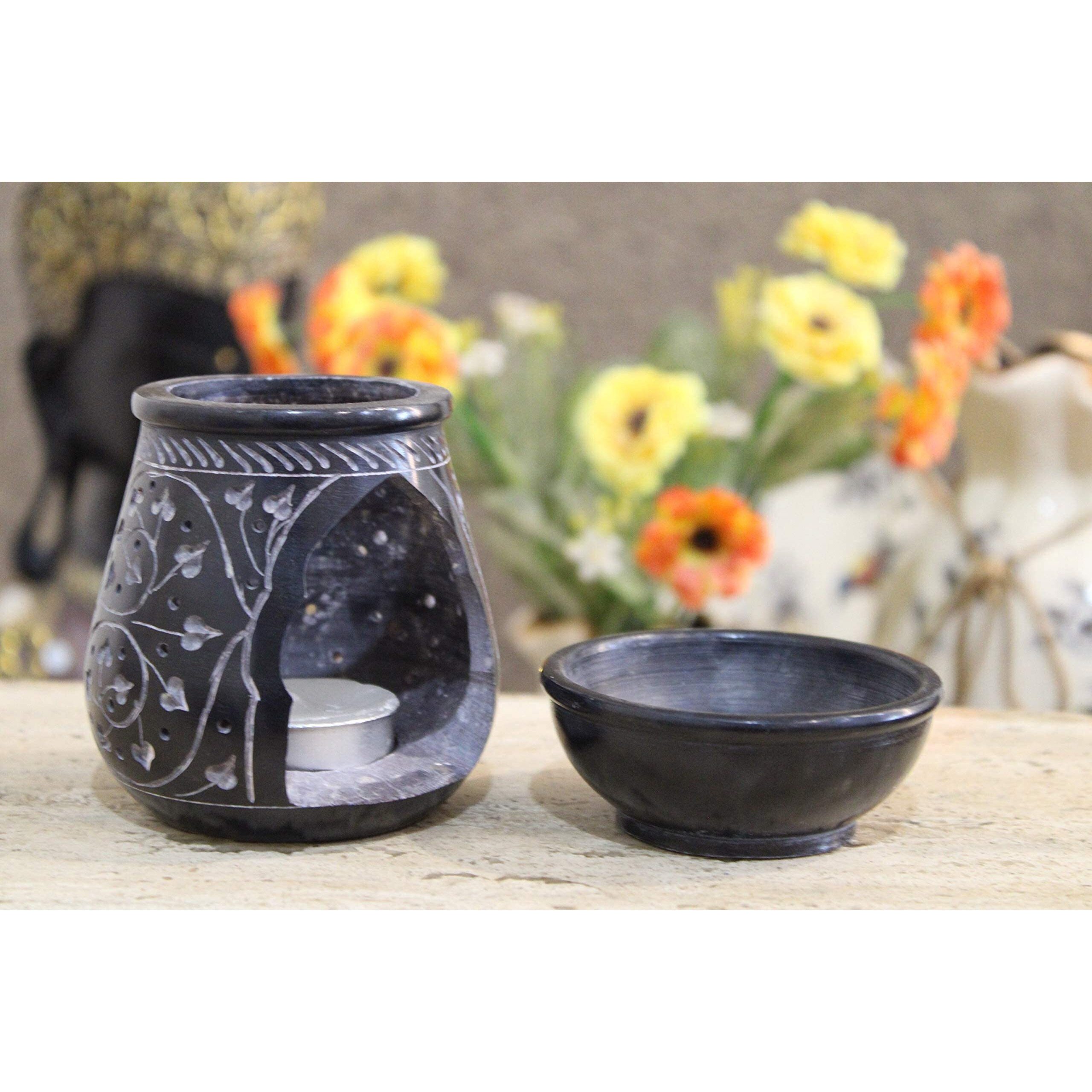 KC KULLICRAFT Black Marble Soapstone Handcrafted Candle Aroma Oil Diffuser and Tea Light Burner. Floral Carving Perfect for Gifting and Home Decor.