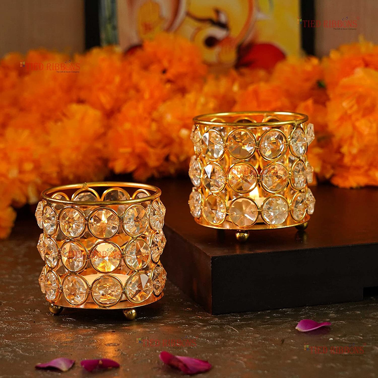 TIED RIBBONS Pack of 2 Crystal Tealight Candle Holder Centerpieces Votive Candle Holders for Dining Table - Christmas Decorations Items for Home Office Xmas Gifts (5.5 Cm X 5.5 Cm)