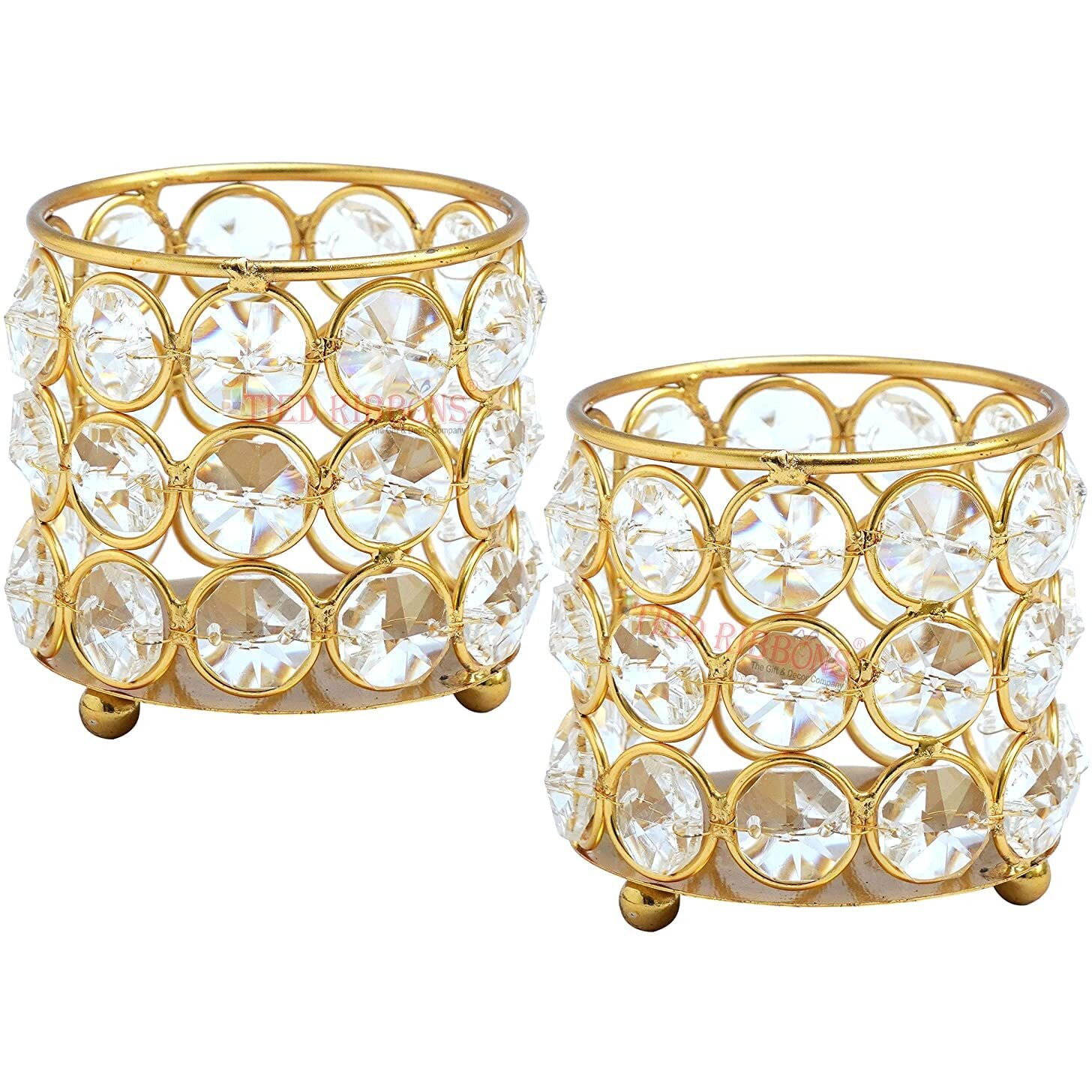 TIED RIBBONS Pack of 2 Crystal Tealight Candle Holder Centerpieces Votive Candle Holders for Dining Table - Christmas Decorations Items for Home Office Xmas Gifts (5.5 Cm X 5.5 Cm)