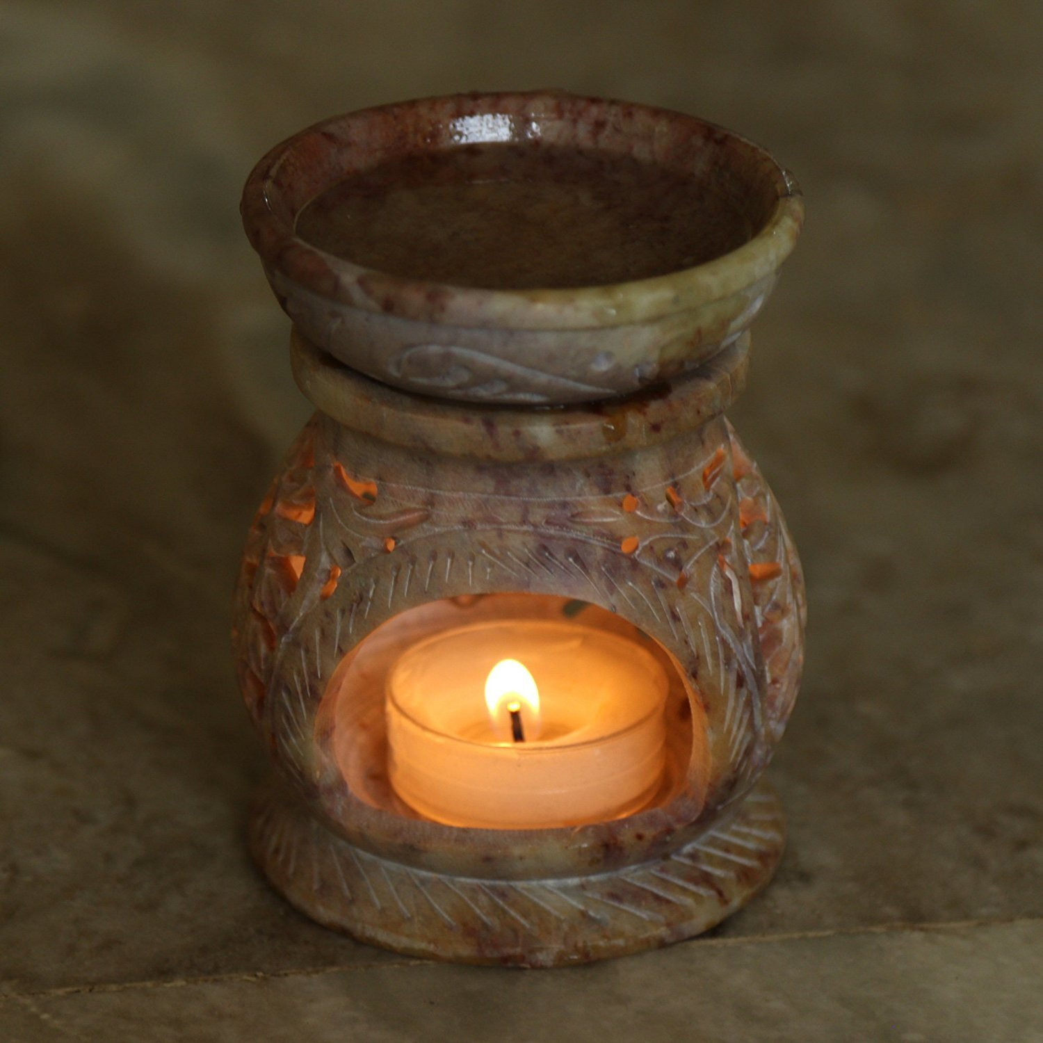 Pure Source India Handcrafted Soapstone Oil Didffuser with Floral Nice Carbing, (Hight 3.5 inch) Coming with 2 Tea Light Candle