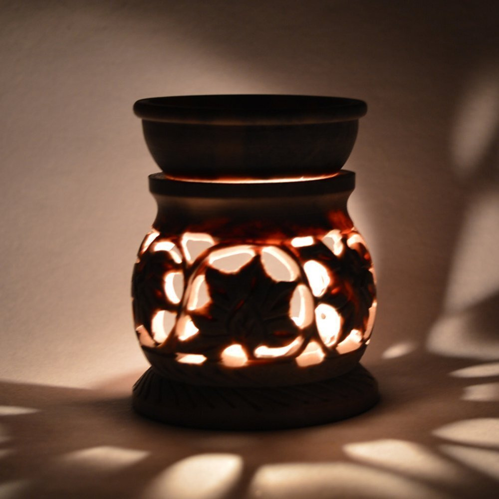 Pure Source India Handcrafted Soapstone Oil Didffuser with Floral Nice Carbing, (Hight 3.5 inch) Coming with 2 Tea Light Candle