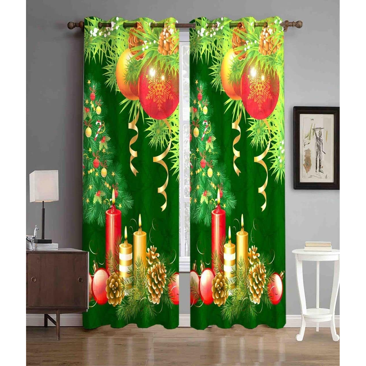 MIGEN Polyester Decorated Christmas Print || 1 Piece Curtain|| (Beautiful Christmas Ballon Candle Print, 5 Feet Window Curtain)