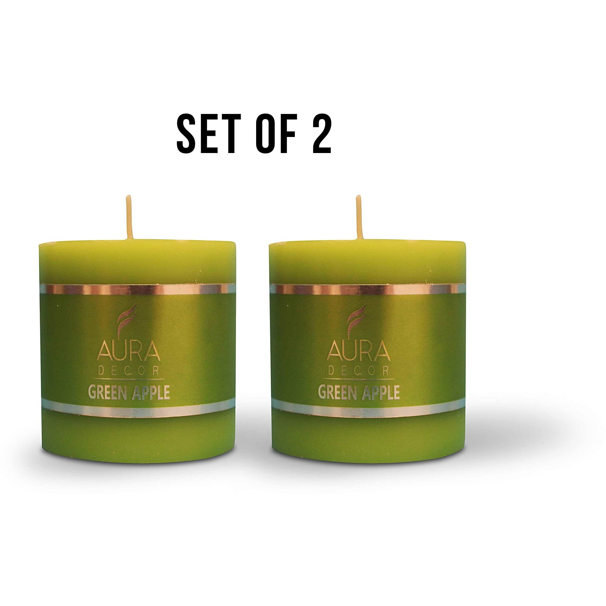 AuraDecor 2.5inch * 2.5 inch Fragrance Pillar Candle (Pack of 2) || Spa Candle || Home Dcor Candle || Romantic Candle || Candles for Aromatherapy || Burning Time 30 Hours (Green Apple)
