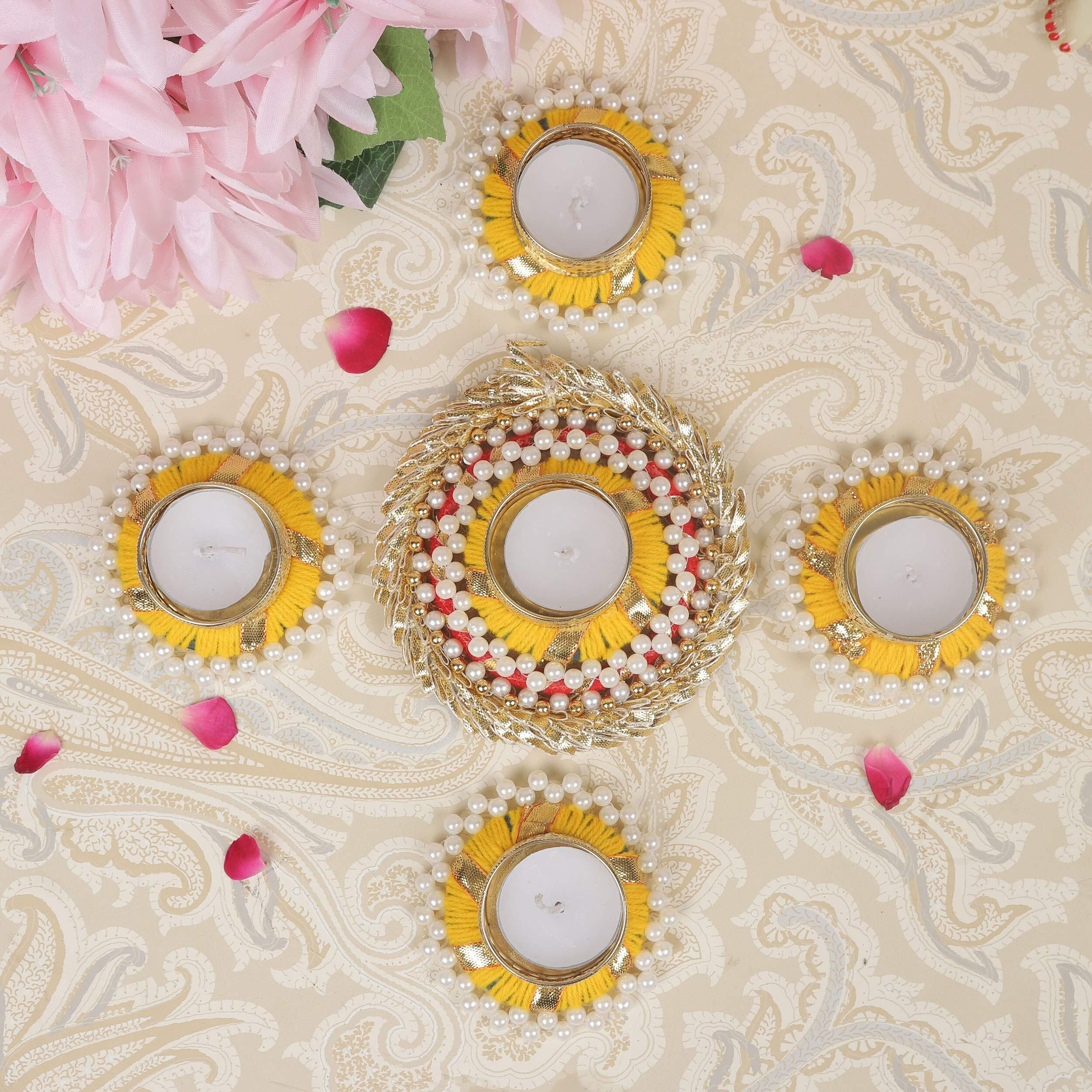 TIED RIBBONS Set of 6 Florals Tealight Candle Holders for Diyas Home Decorations Centerpieces Votives - Decorations Items for Home Decor (Yellow, Pack of 6)