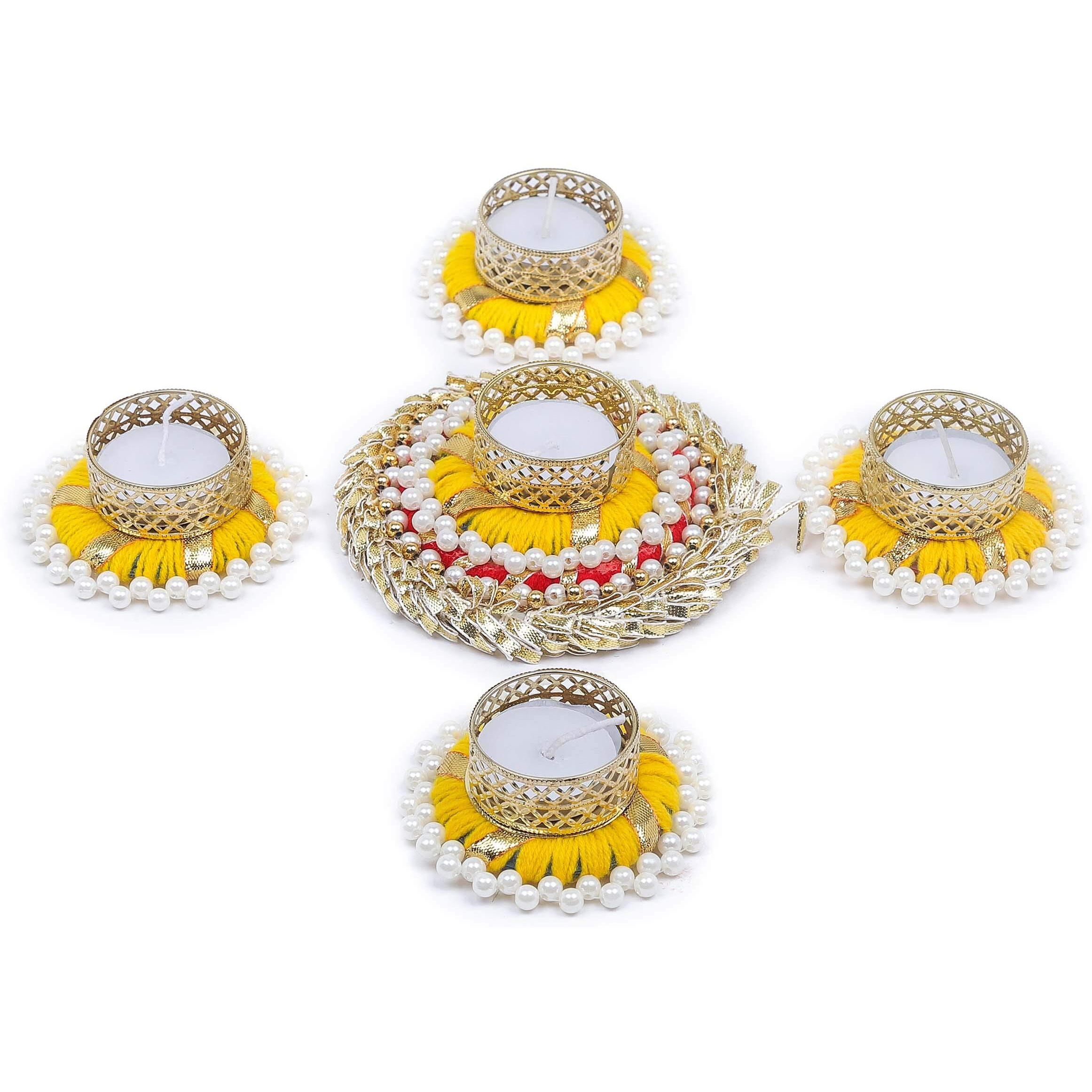 TIED RIBBONS Set of 6 Florals Tealight Candle Holders for Diyas Home Decorations Centerpieces Votives - Decorations Items for Home Decor (Yellow, Pack of 6)