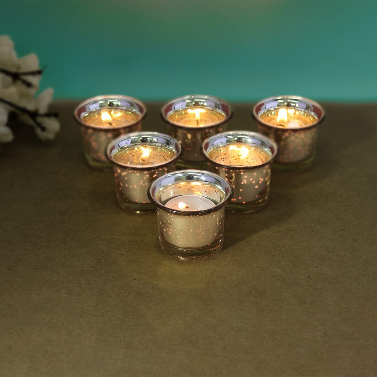 HOSLEY Votive Tealight Glass Candle Holder|Gold Tealight Glass Candle Holder Perfect for Home Decor, Birthday, Wedding,Parties|4.5 cm Diameter | Pack of 6, 4.5 cm Long Each with Pack of 6 Tealights