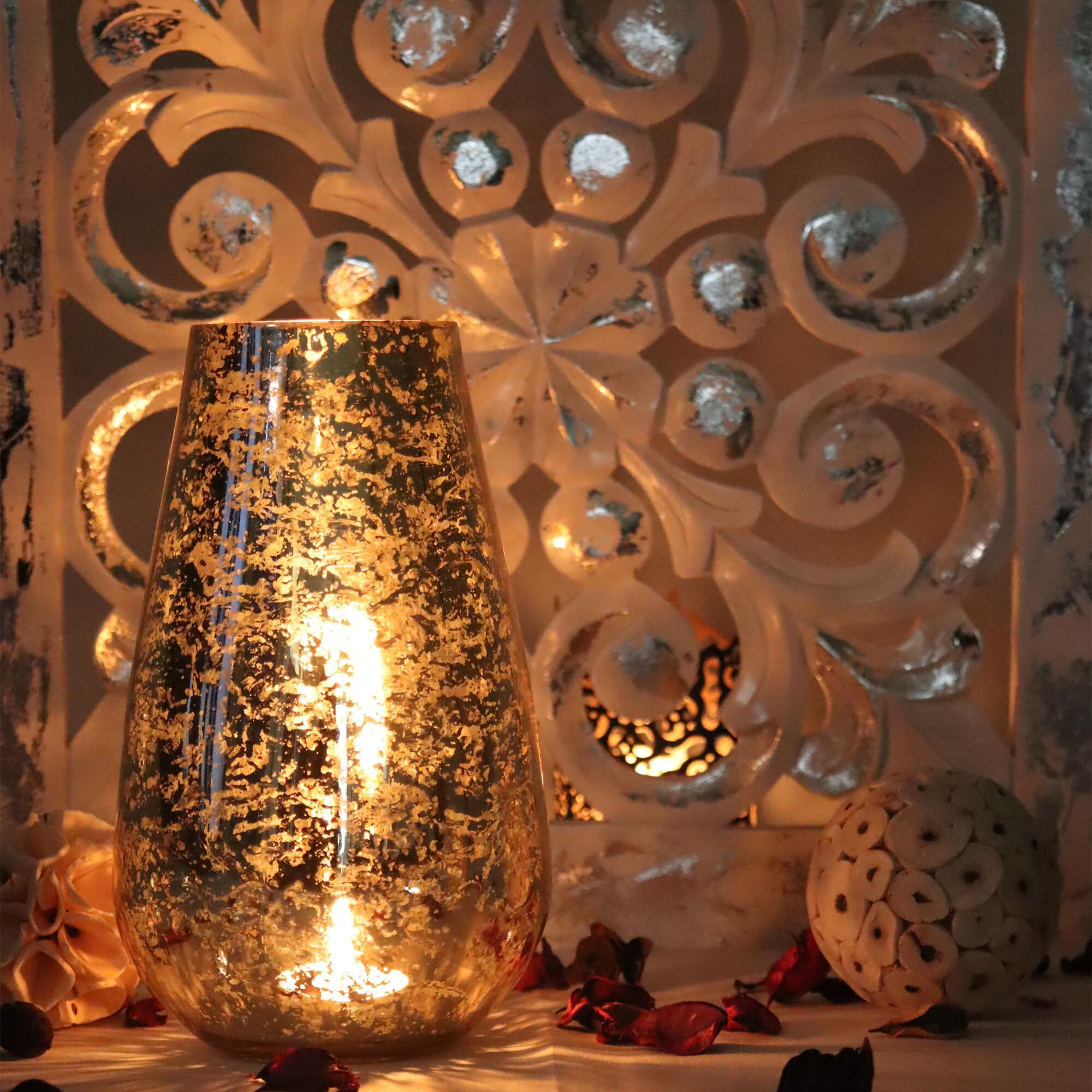 HOSLEY Gold Mercury Glass Tealight Candle Holder/Vase|Tealight Holder Perfect for Home Decor, Christmas Candle Holder, Christmas Candle Stand|Pack of 1, 8.5 Inch Long
