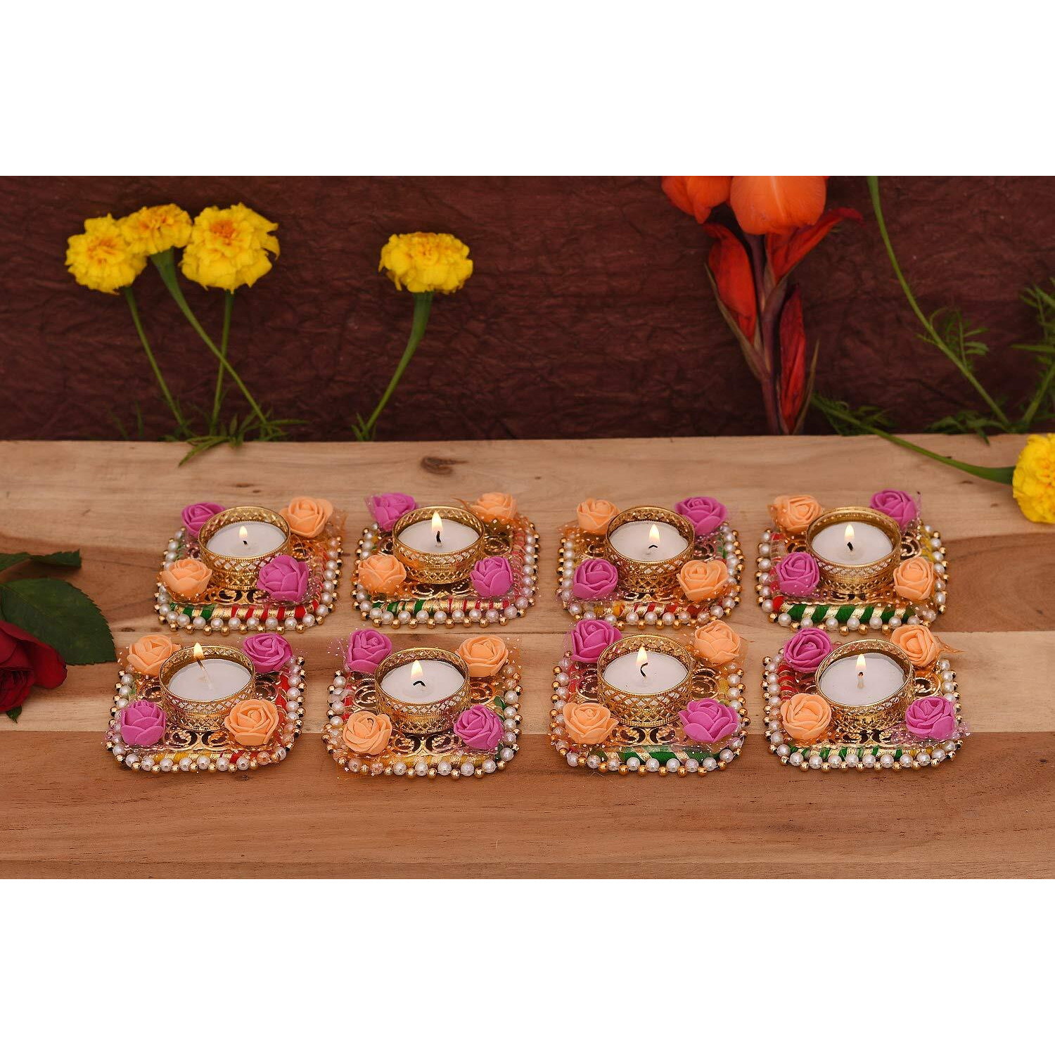 Collectible India Cast Iron Flower Design Tealight Candle Holder, Pack of 8