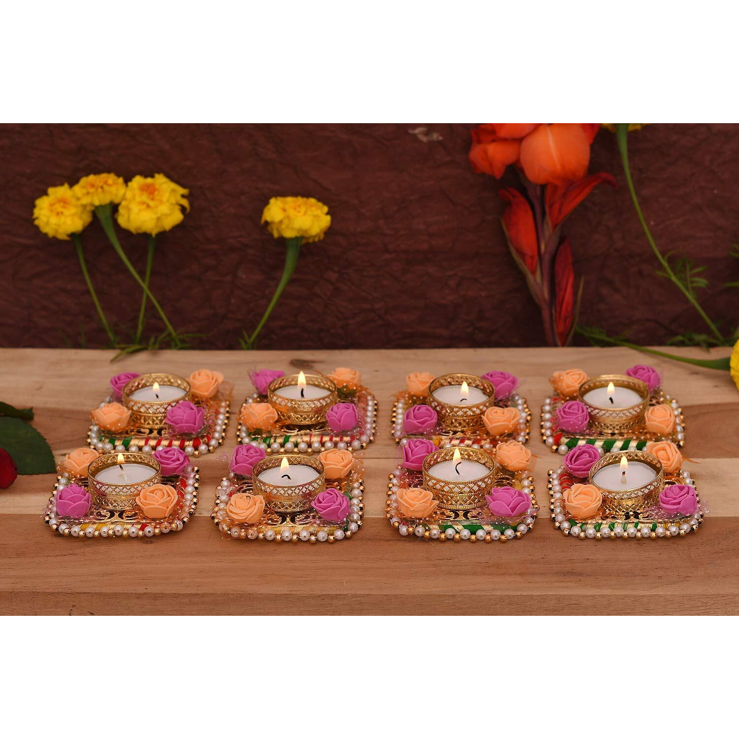 Collectible India Cast Iron Flower Design Tealight Candle Holder, Pack of 8