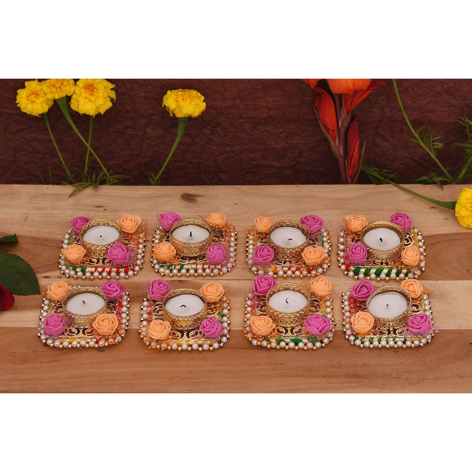 Collectible India Cast Iron Flower Design Tealight Candle Holder, Pack of 8
