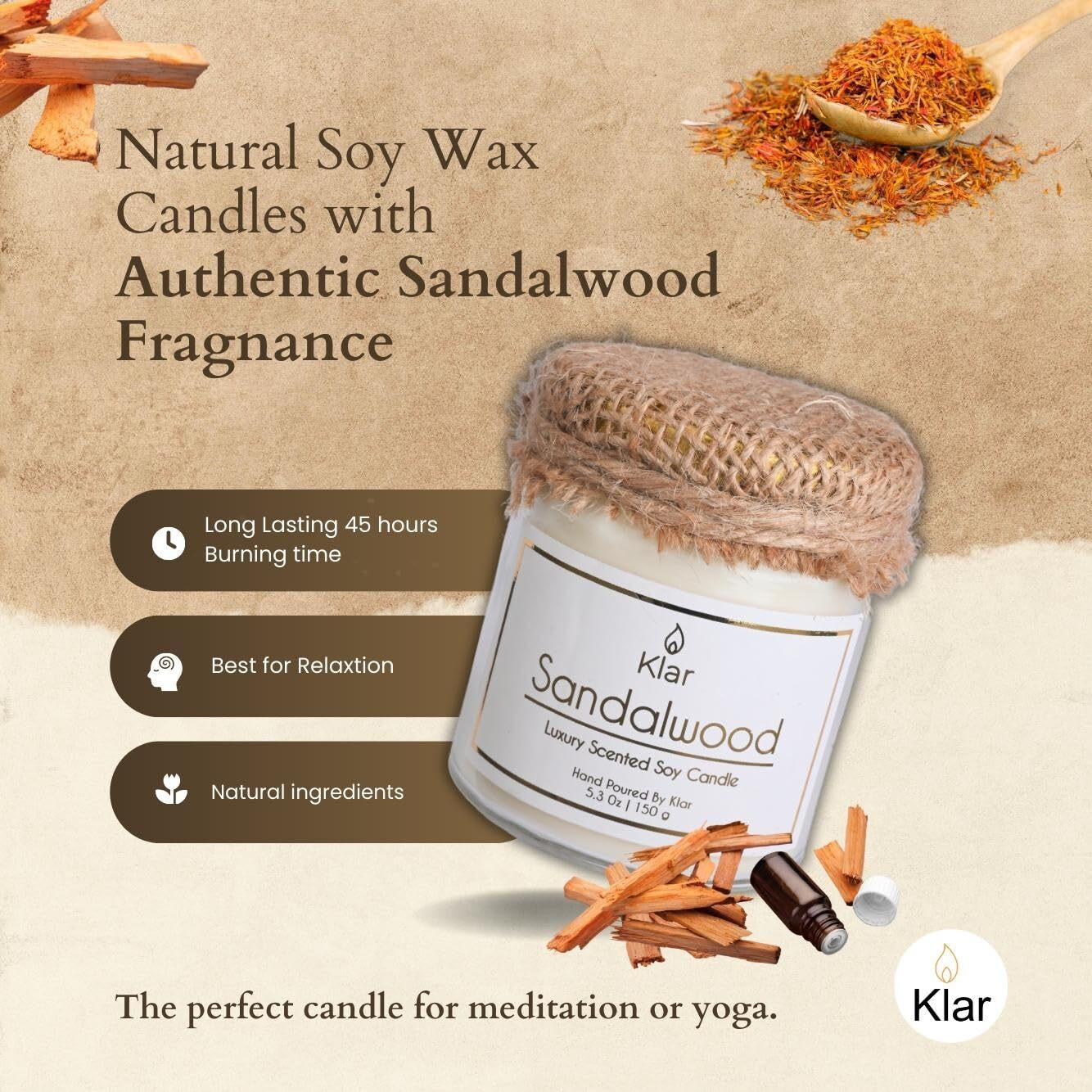 Klar Scented Soy Wax Candle Luxury Aroma Therapy Votive Jar | | Long Lasting Aroma, Gift Set | 2 Wick Premium Candle | Aroma Candles| Sandalwood Fragrance | 150gm Wax Weight |30+ Hours Burn Time |