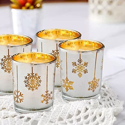 The Purple Tree Christmas Snowflake Silver Glass Tealight Holders for Christmas (6 pc, Yellow) Christmas Tealights, Christmas Tealight Candle Holder, Christmas Decor, Holiday Decoration