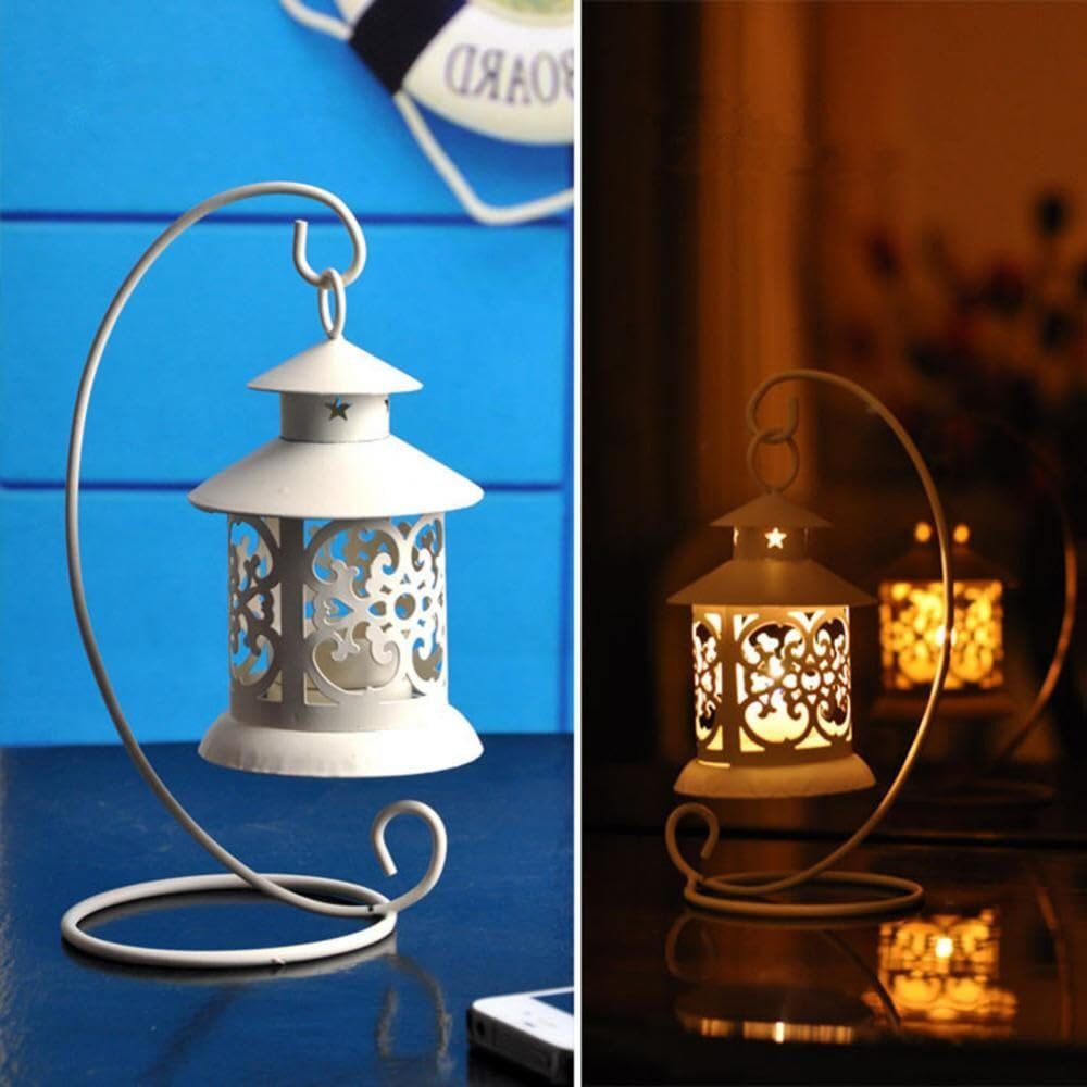 KRESHU European Style Metal Lanterns for Decorating Metal Moroccan Candlestick Candle Stand Night Light Lanterns Creative Hanging Tealight Candle Holder Desktop Ornaments Home Decoration(White, 1pcs)