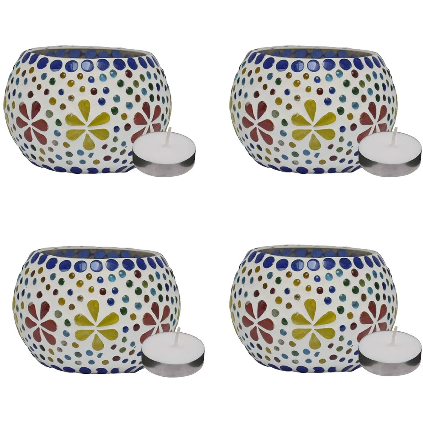 bianco T-Light Mosaic Candle Holder for Home Decoration Mosaic Glass, for Bedroom, Office, Living Room, Dining Table, Festive Lights Decoration (Pack of 4)