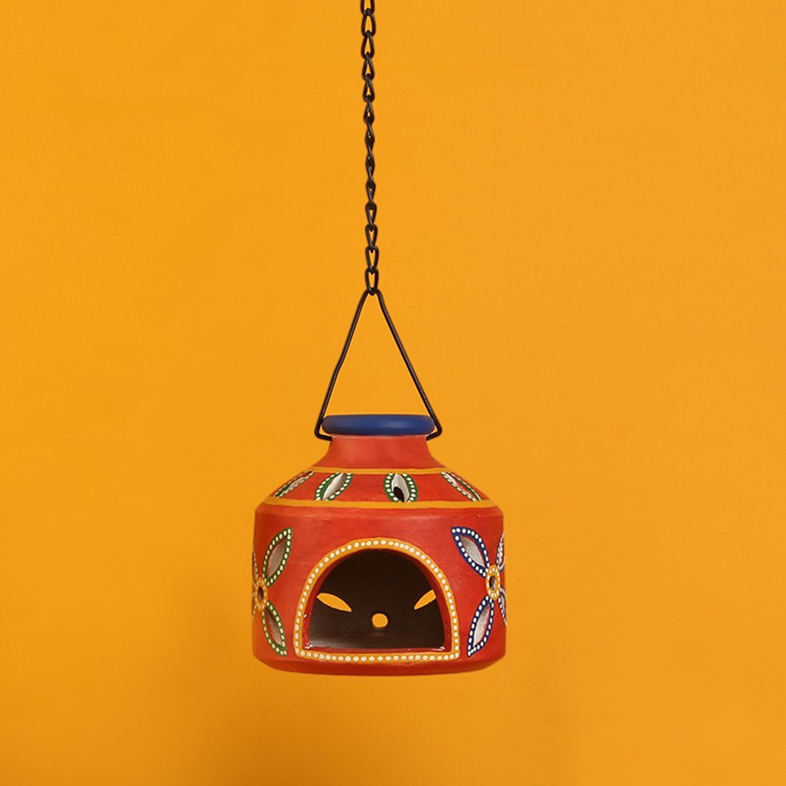 ExclusiveLane The Glowing Matki Terracotta Home Decorative Light Hanging Votive Candle Cum Tea Light Holder (Crimson Red)