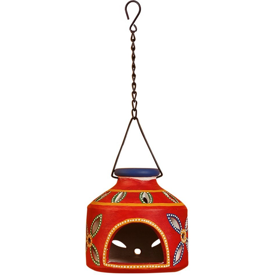 ExclusiveLane The Glowing Matki Terracotta Home Decorative Light Hanging Votive Candle Cum Tea Light Holder (Crimson Red)