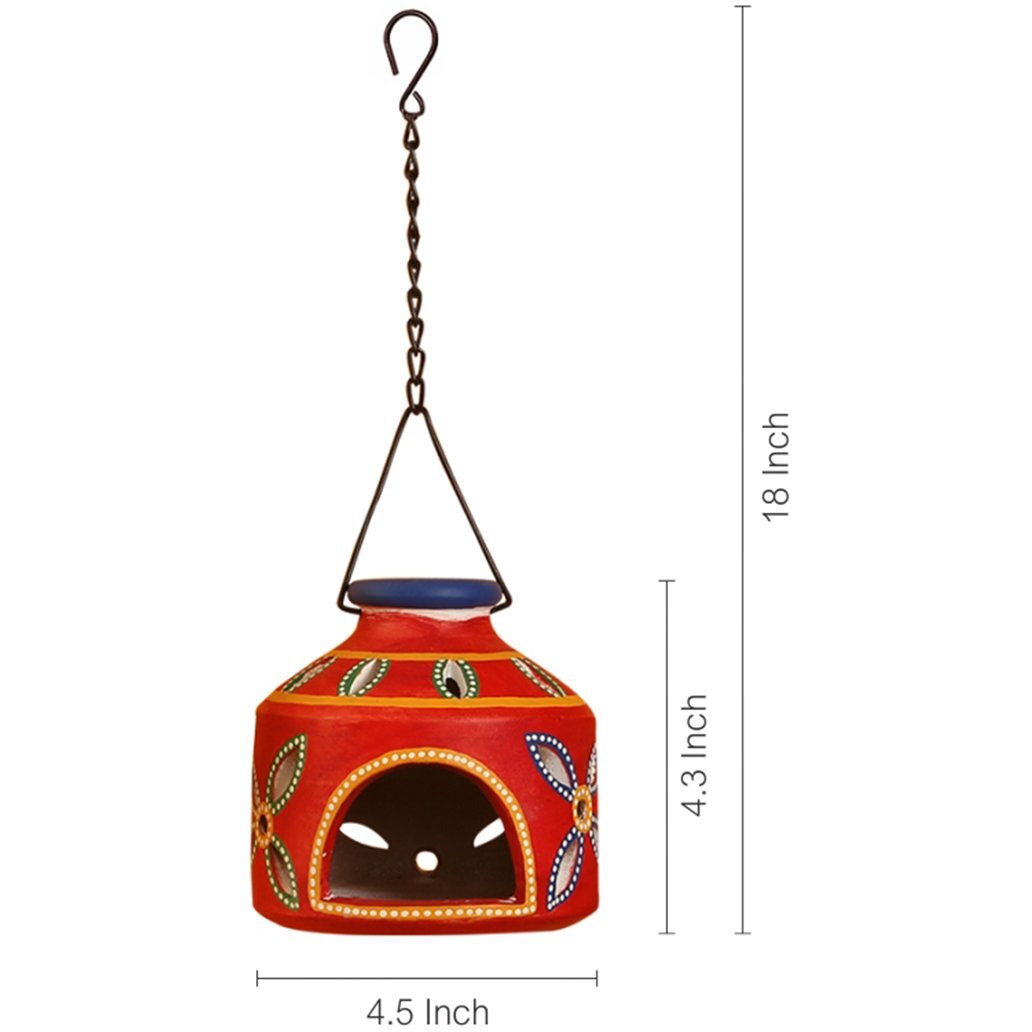 ExclusiveLane The Glowing Matki Terracotta Home Decorative Light Hanging Votive Candle Cum Tea Light Holder (Crimson Red)
