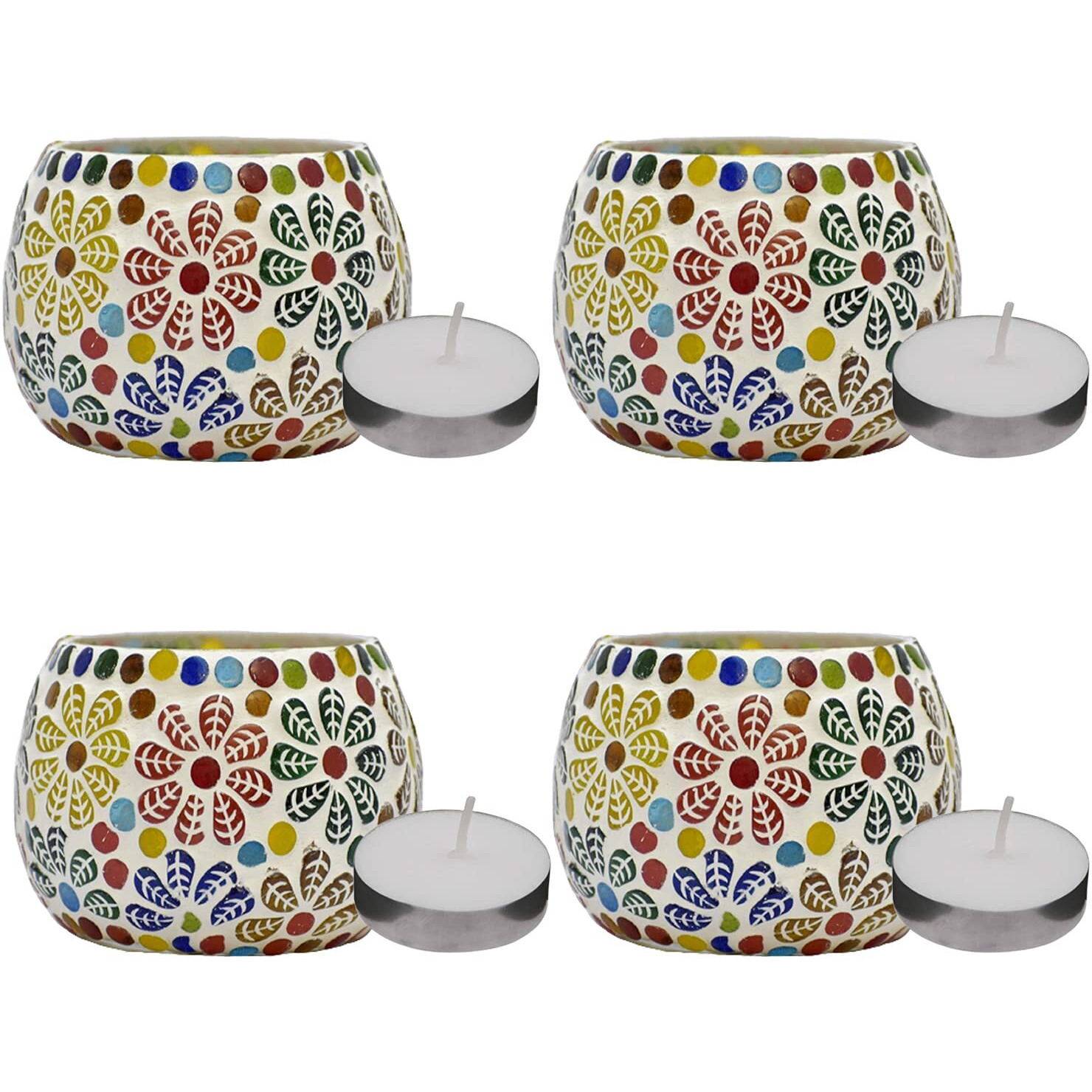 bianco T-Light Mosaic Candle Holder for Home Decoration Mosaic Glass, for Bedroom, Office, Living Room, Dining Table, Festive Lights Decoration (Pack of 4)