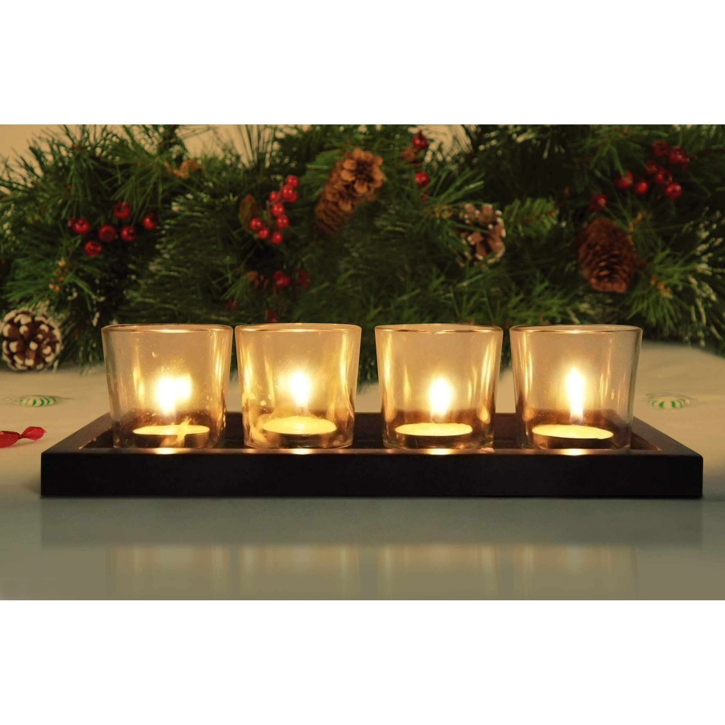TIED RIBBONS Glass Votive Tealight Candle Holders with Wooden Tray - Decorations Items for Living Room Bedroom Center Table Balcony Office - Gifts