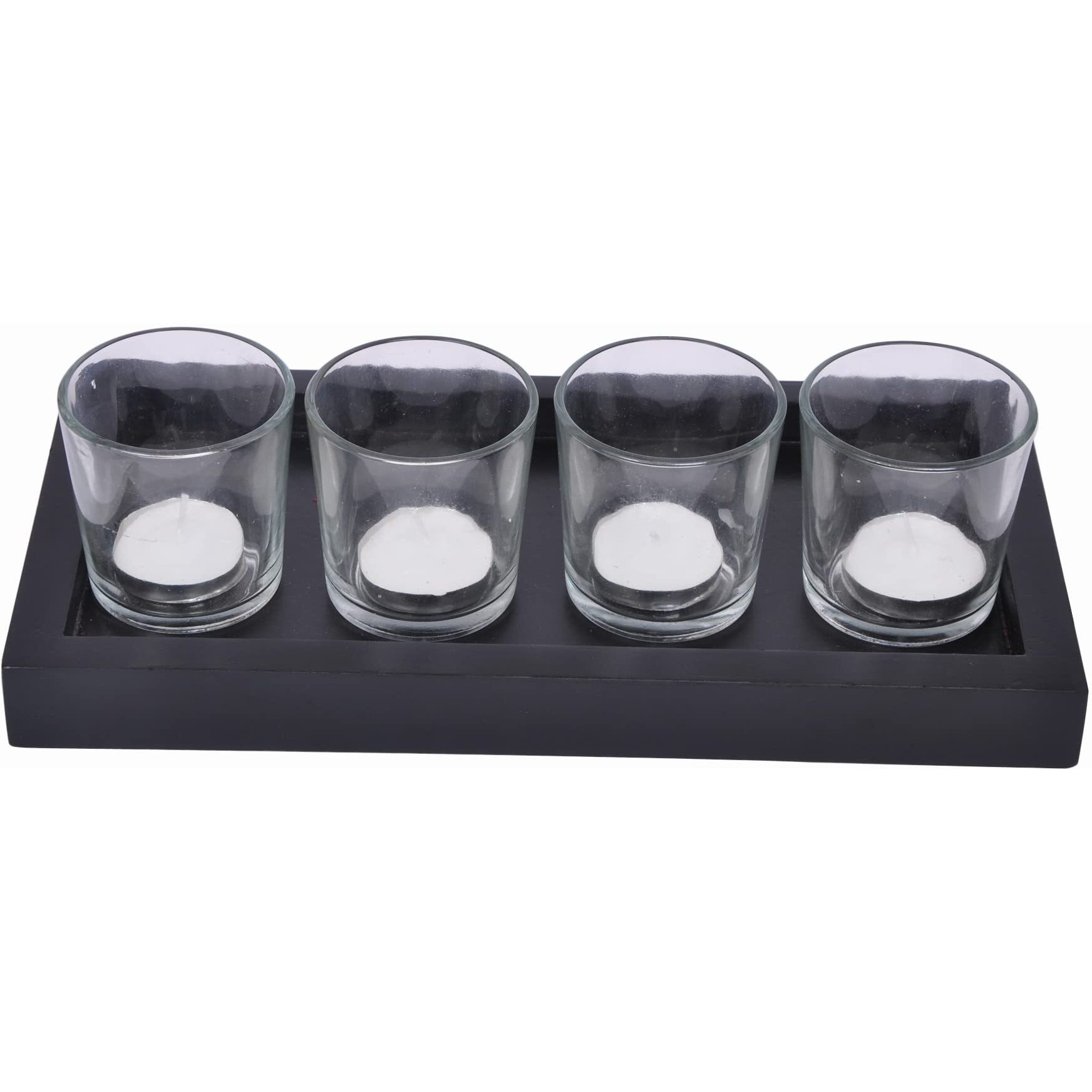 TIED RIBBONS Glass Votive Tealight Candle Holders with Wooden Tray - Decorations Items for Living Room Bedroom Center Table Balcony Office - Gifts
