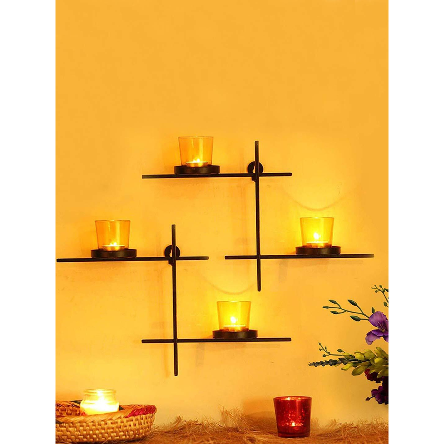 TIED RIBBONS Set of 2 Wall Hanging Tealight Candle Holder Metal Wall Sconce with Glass Cups for Home Decoration - Decorations Items for Home