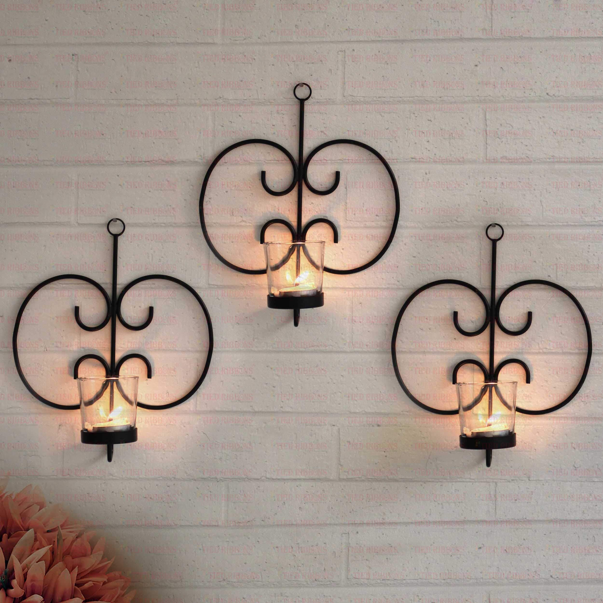 TIED RIBBONS Pack of 3 Wall Hanging Tealight Candle Holders with Glass Candle Holders Metal Wall Sconce - Decorations Items for Home Wall Decor Restaurant Office Gifts