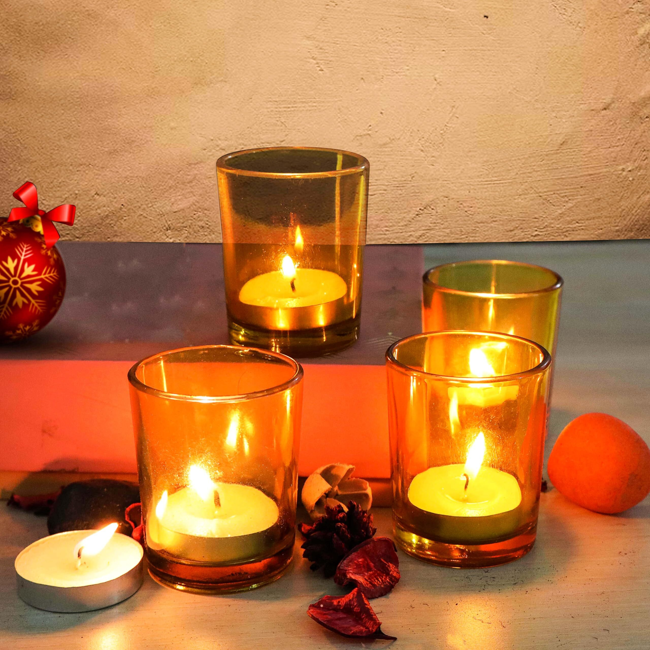 Pure Source India Set of 6 Glass Votive Tealight Candle Holders - Living Room Side Table Home Decoration (Glass, Pack of 6, Yellow)