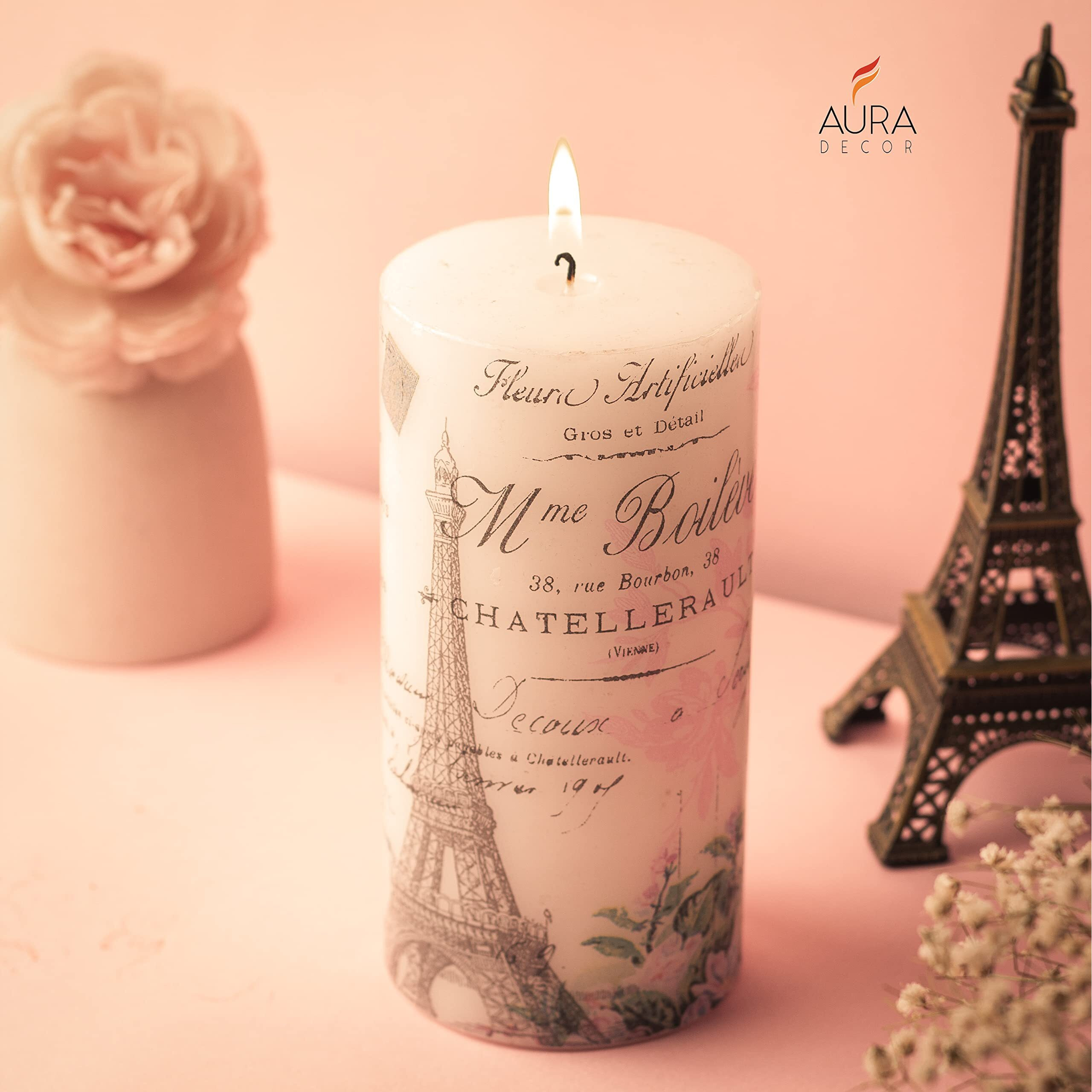 AuraDecor Wax Unscented Paris Eiffel Tower Candle || 3 * 6 Inch Pillar Candle || White Candle || Love Candle || Love Of Paris (Decor Paris)