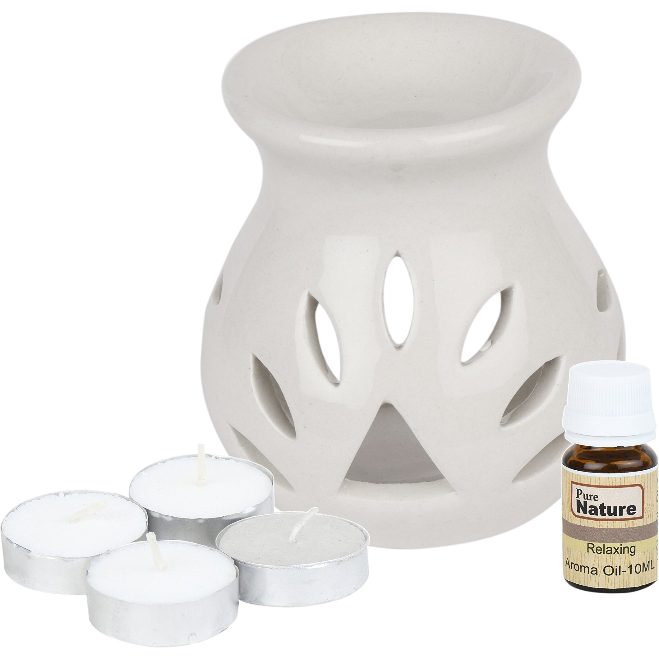 Pure Source India Ceramic Aroma Burner Regular Ivory White Color with 10 ML Relaxing Aroma Oil and 4 Tea Light Candle (Oil Burner Set)