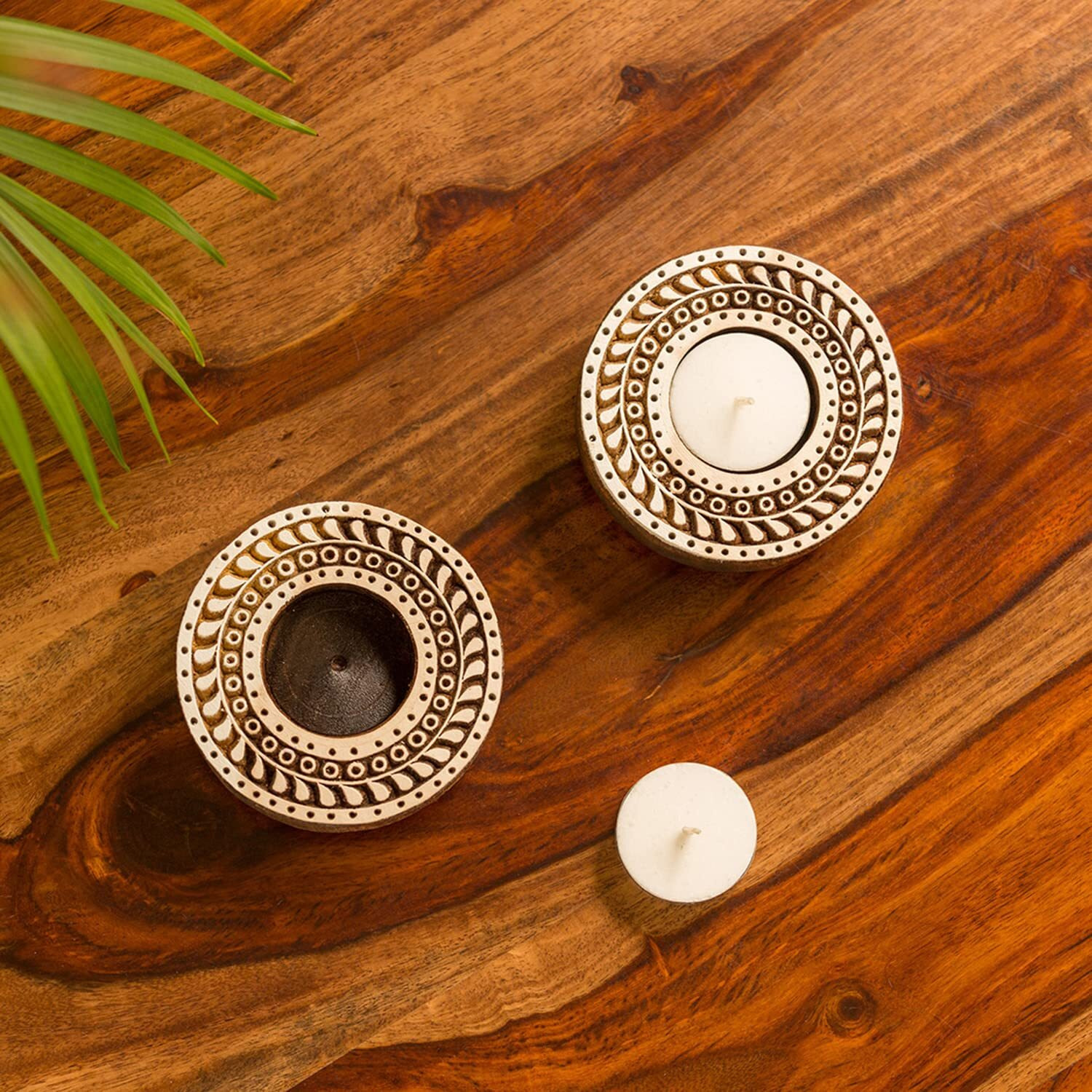 ExclusiveLane Mandala Hand-Carved Block Tea Light Holder (Set of 2, Sheesham Wood) - Decorative Tea Light Candle Holder for Home Dcor Votive Tea Light Holder T Lite Candle Stand for Home Decoration