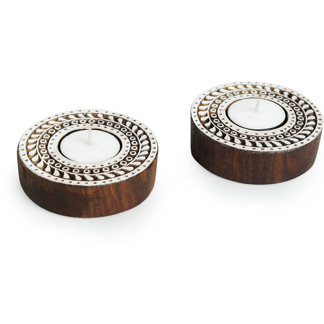 ExclusiveLane Mandala Hand-Carved Block Tea Light Holder (Set of 2, Sheesham Wood) - Decorative Tea Light Candle Holder for Home Dcor Votive Tea Light Holder T Lite Candle Stand for Home Decoration