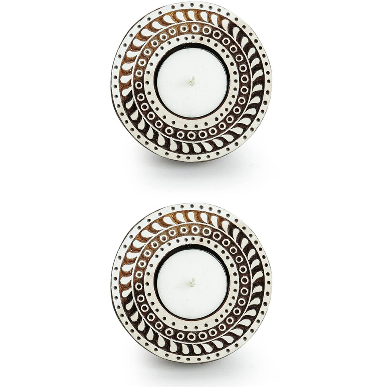 ExclusiveLane Mandala Hand-Carved Block Tea Light Holder (Set of 2, Sheesham Wood) - Decorative Tea Light Candle Holder for Home Dcor Votive Tea Light Holder T Lite Candle Stand for Home Decoration