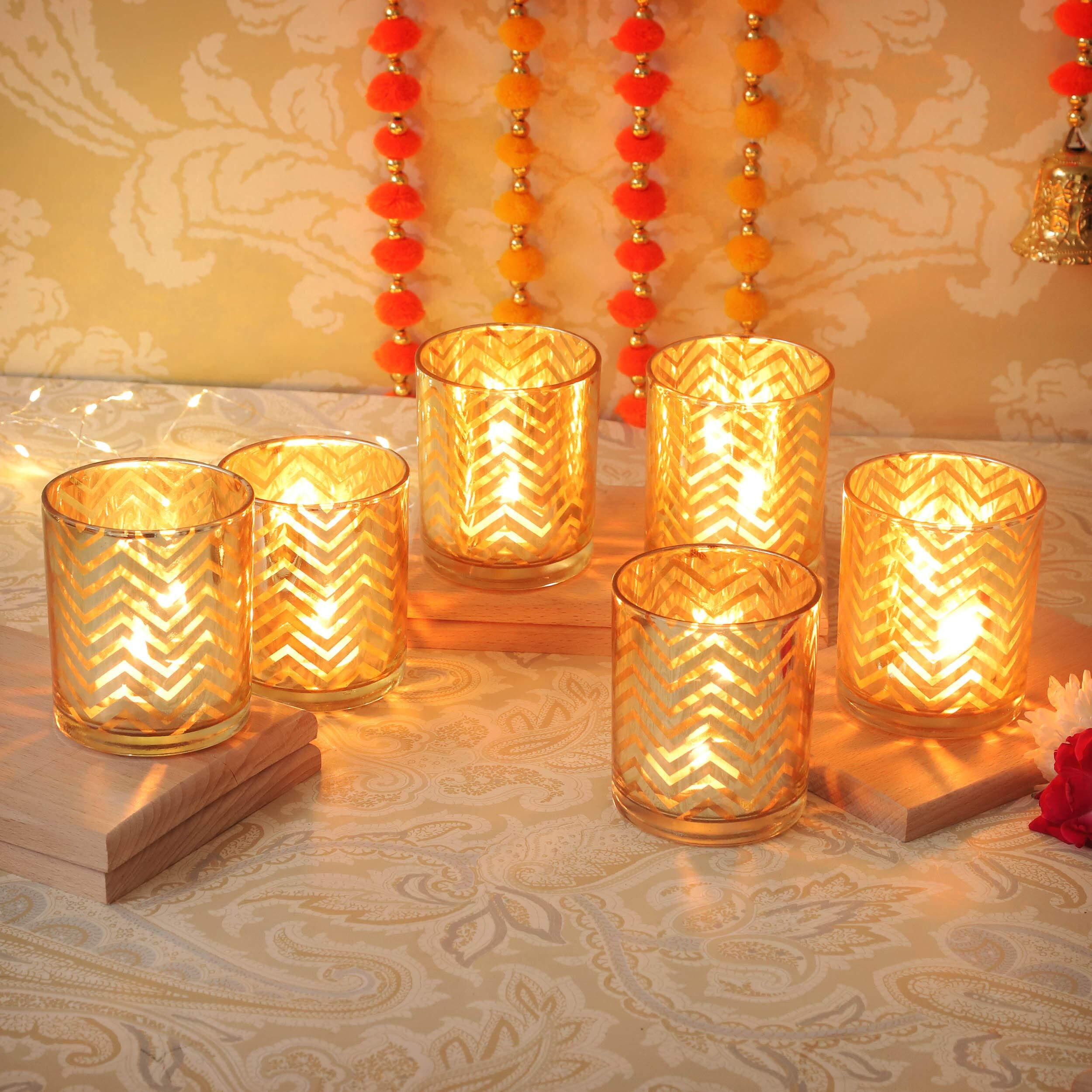 TIED RIBBONS Pack of 6 Tea Light Candle Holder Glass Votive - Christmas Decorations Items for Home Dining Table Decor Office Restaurant Gifts (Glass, Red, 6 Cm X 5 Cm)