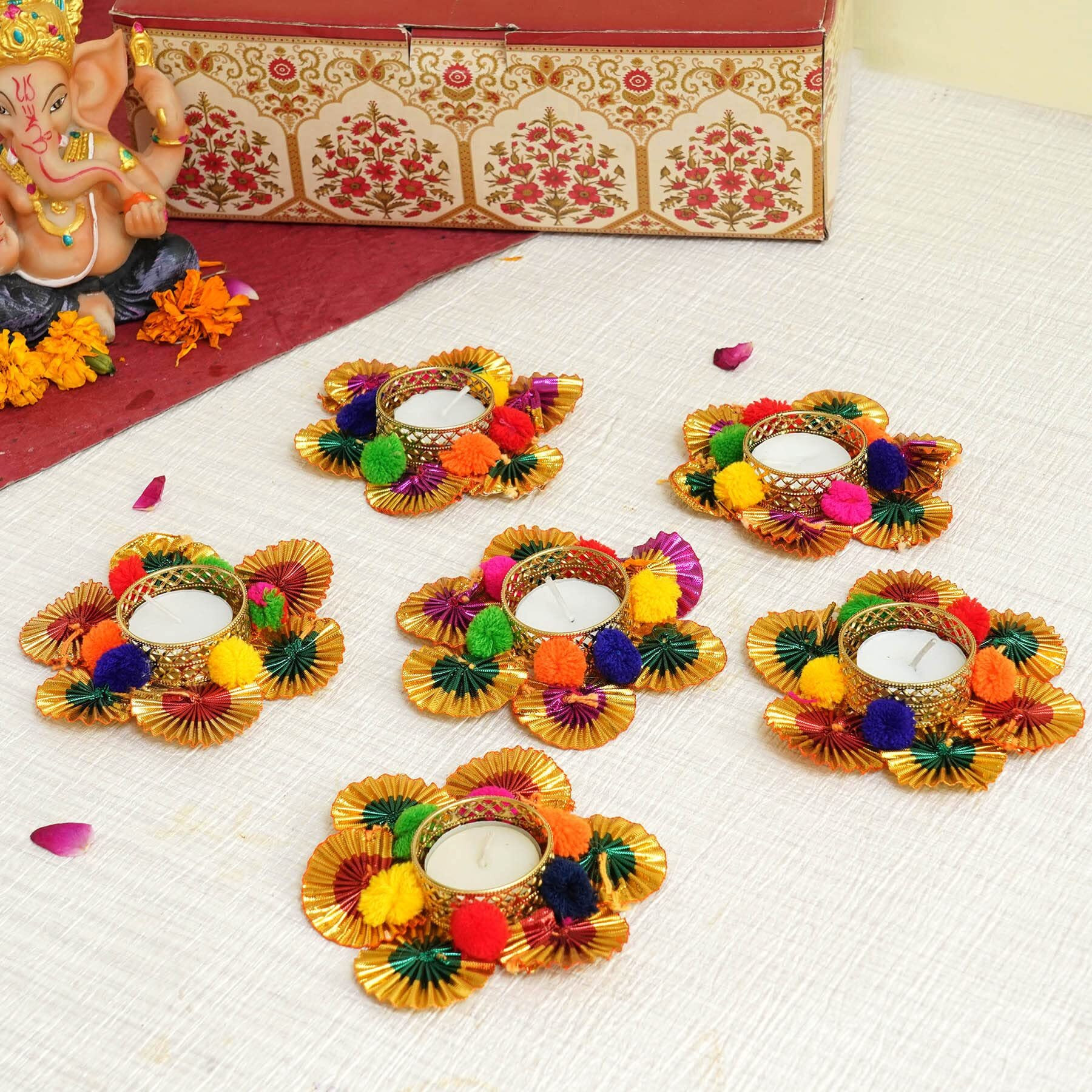 TIED RIBBONS Set of 6 Floral Tealight Candle Holders for Home Decorations Centerpieces Diyas Votives - Decorations Items for Home Decor (Pack of 6)