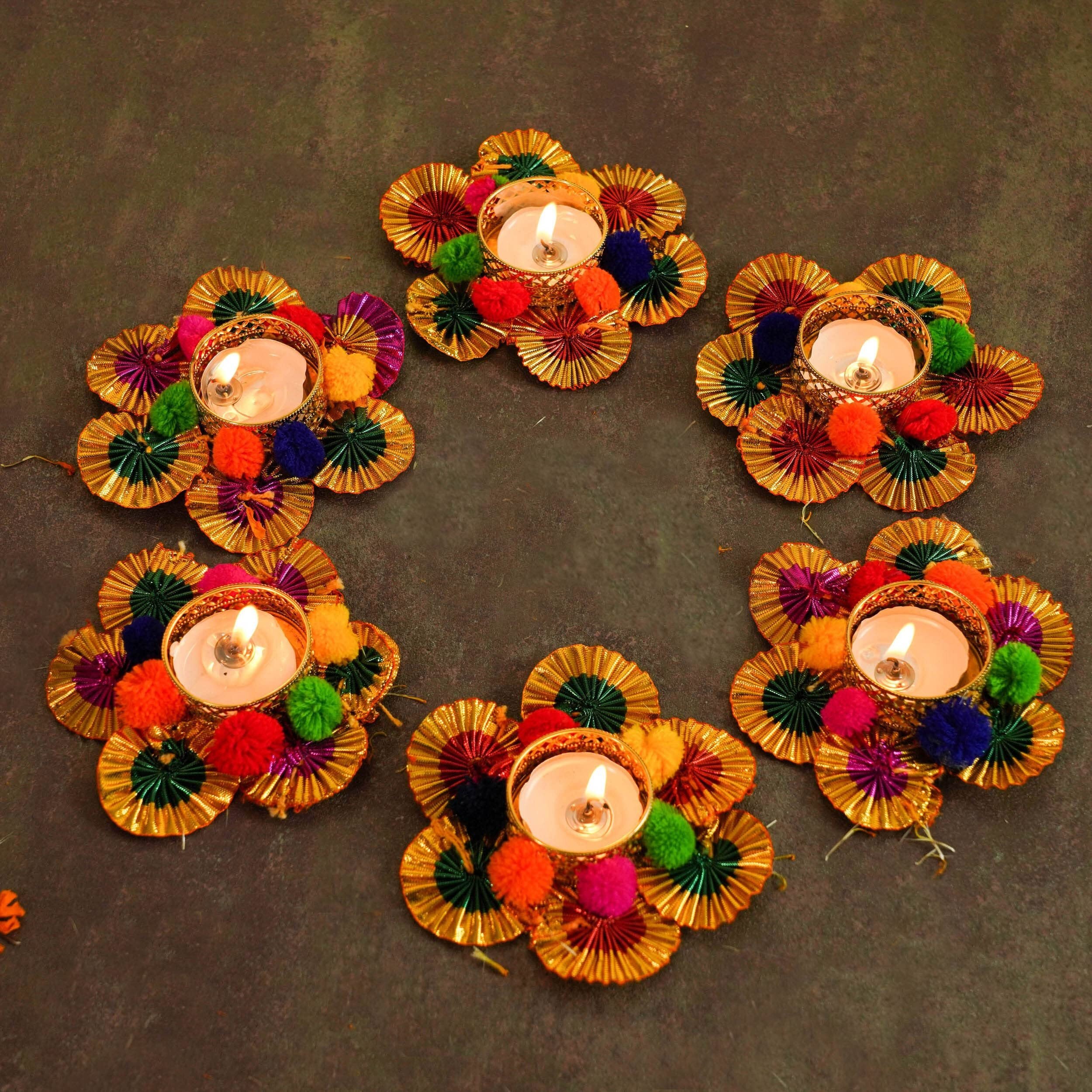 TIED RIBBONS Set of 6 Floral Tealight Candle Holders for Home Decorations Centerpieces Diyas Votives - Decorations Items for Home Decor (Pack of 6)