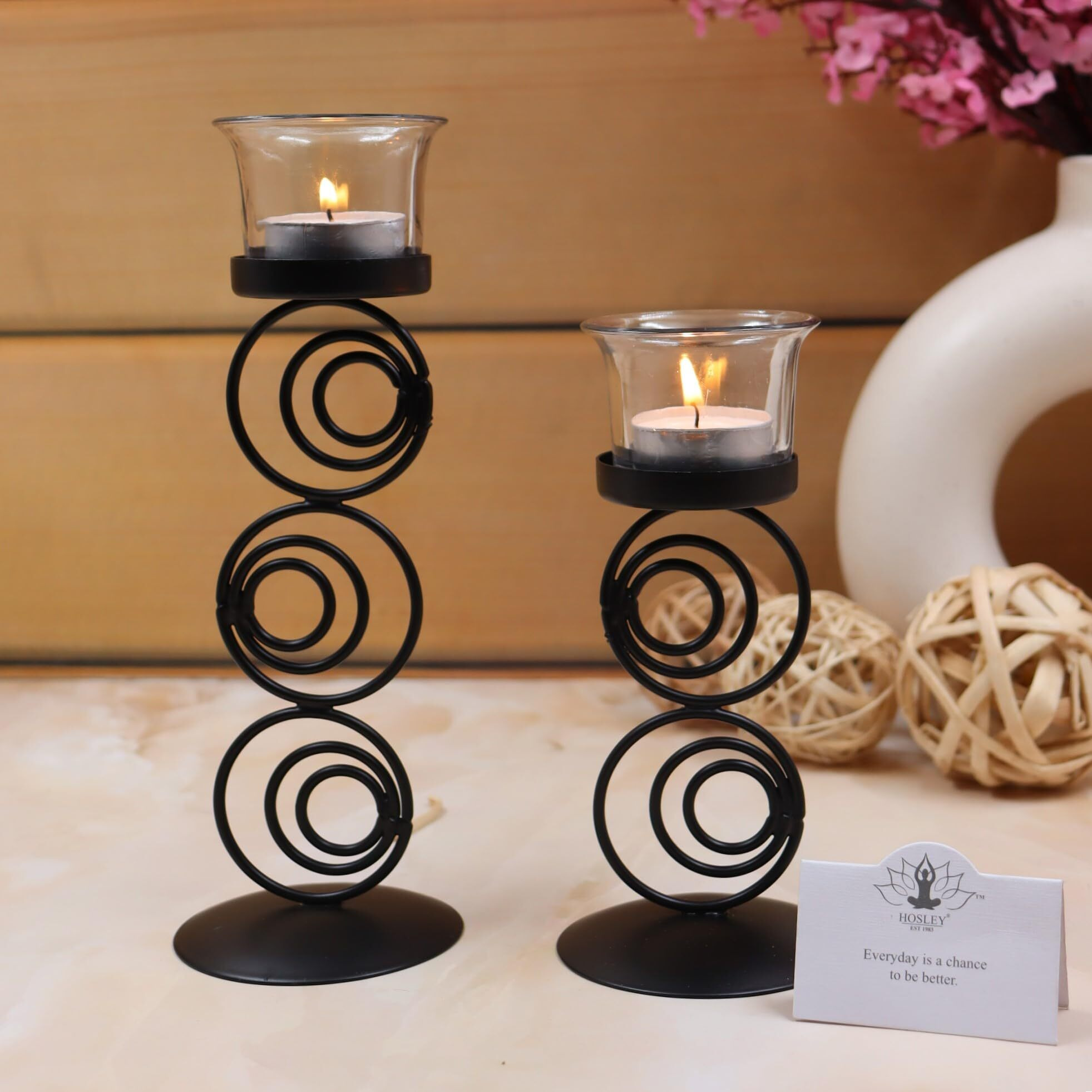 HOSLEY Clear Glass Tealight Candle Holders|Black Tealight Candle Holders with Glass Holders Perfect for Home Decor Tabletop Centerpiece| Pack of 2 with Pack of 2 Tealights