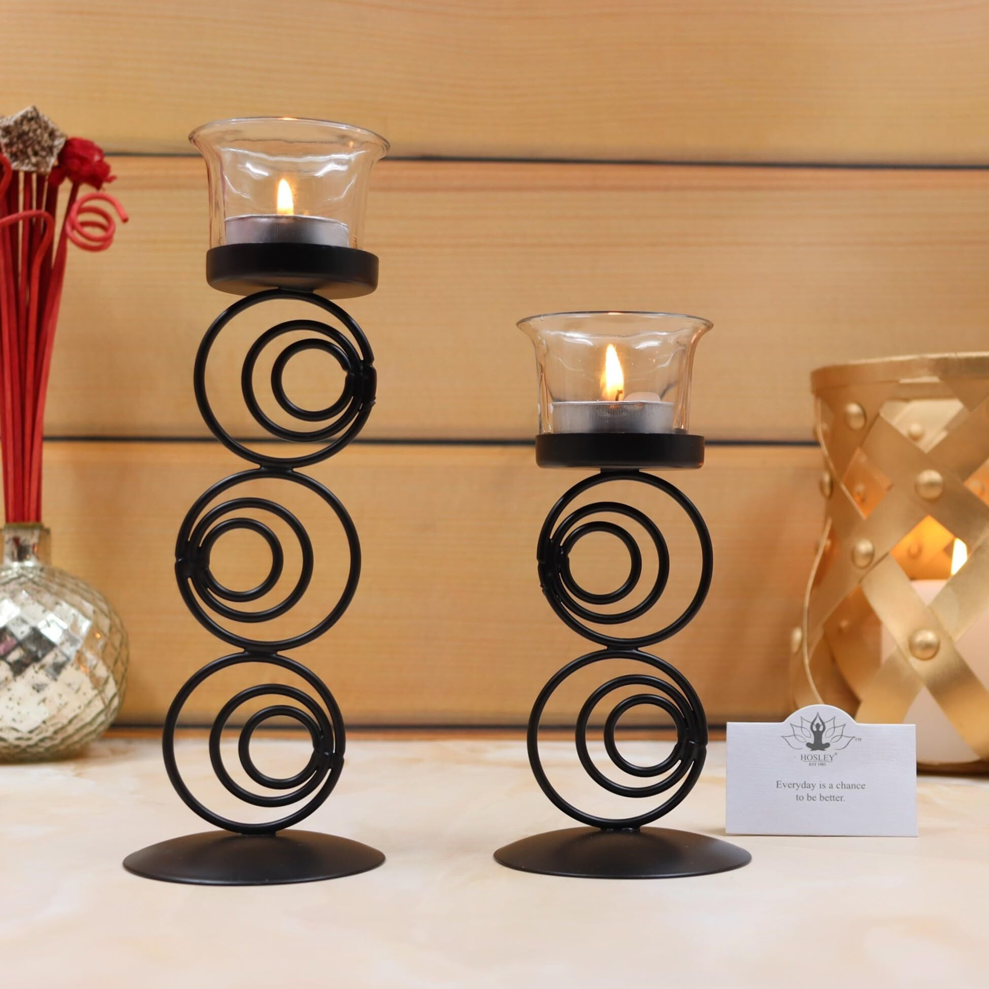 HOSLEY Clear Glass Tealight Candle Holders|Black Tealight Candle Holders with Glass Holders Perfect for Home Decor Tabletop Centerpiece| Pack of 2 with Pack of 2 Tealights