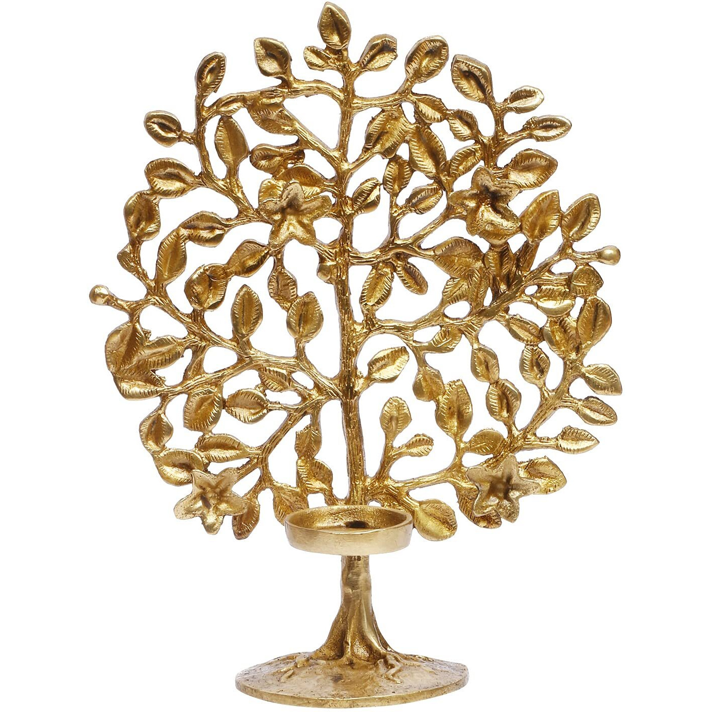 Artvarko Brass Decorative Kalpavriksha Tree of Life Flowers Candle Tea Holder Handicraft Product Decorative Table Top Decor Life Vastu Remedies for Home and Office 8.5 Inches