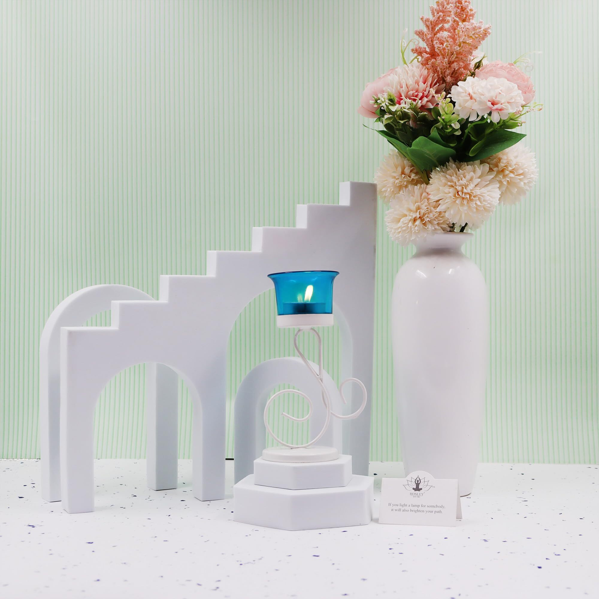 HOSLEY Metal Blue Glass Tealight Candle Holder|Tealight Candle Holder with Glass Holder Perfect for Home Decor Tabletop|1-Cup Centrepiece Pack of 1 with Pack of 1 Tealight (White)