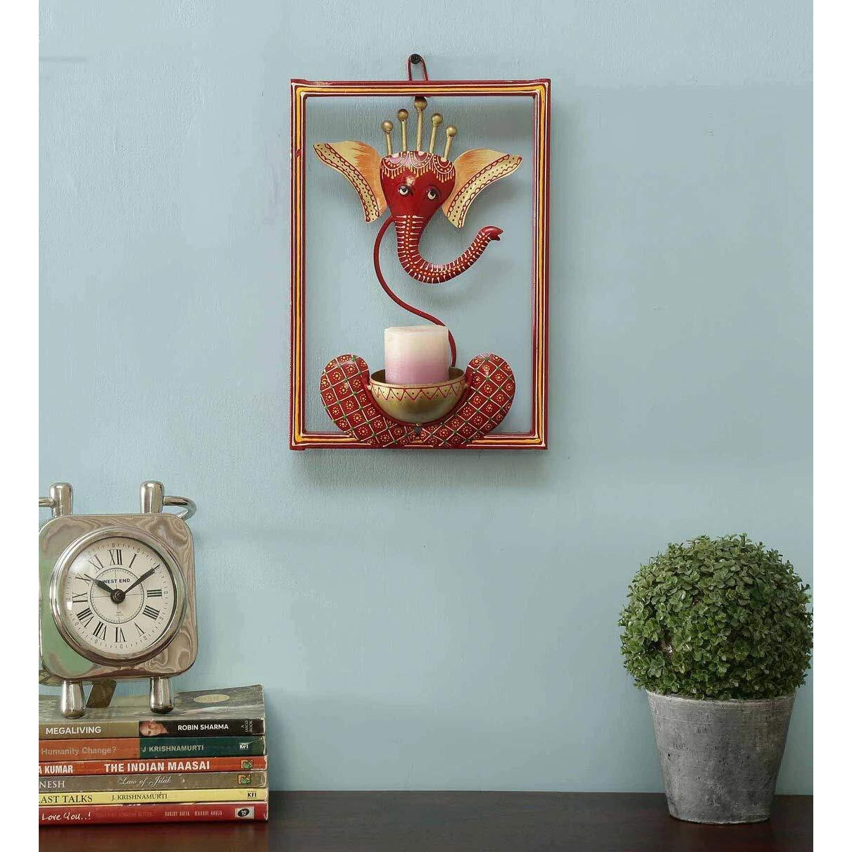 CraftVatika Ganesha Idol Iron Wall Hanging Showpiece Tea Light Candle Holder Stand for Home Living Room Decoration