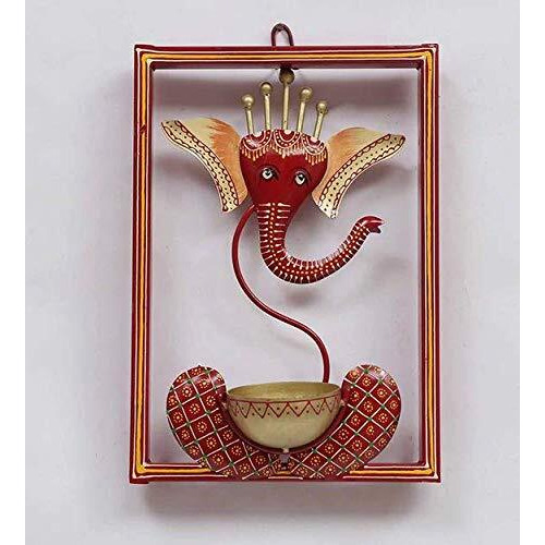 CraftVatika Ganesha Idol Iron Wall Hanging Showpiece Tea Light Candle Holder Stand for Home Living Room Decoration