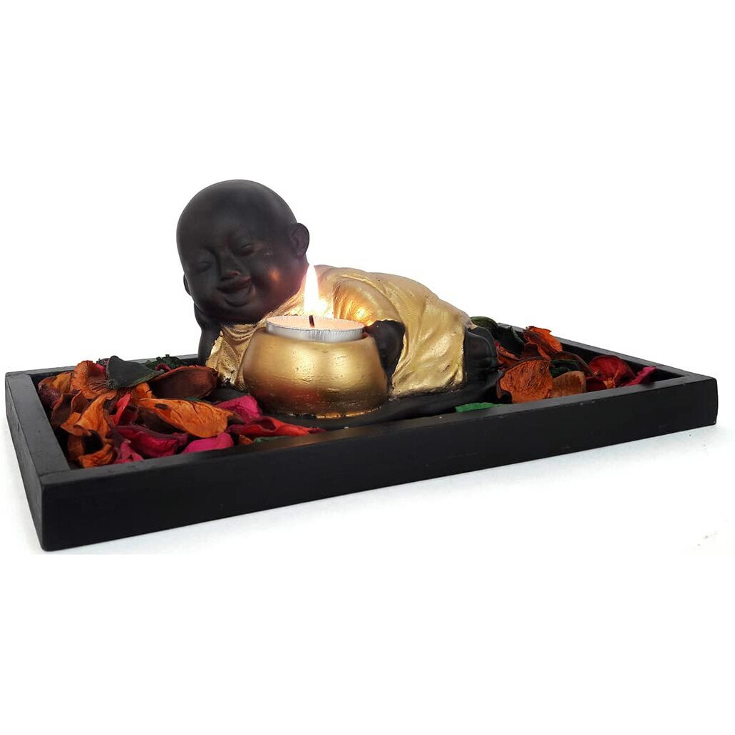 TIED RIBBONS Buddha Monk T Light Holder with Tray Set with T Light Candle and Potpourri for Showpiece Decorations Items for Home Living Room Bedroom Table Top