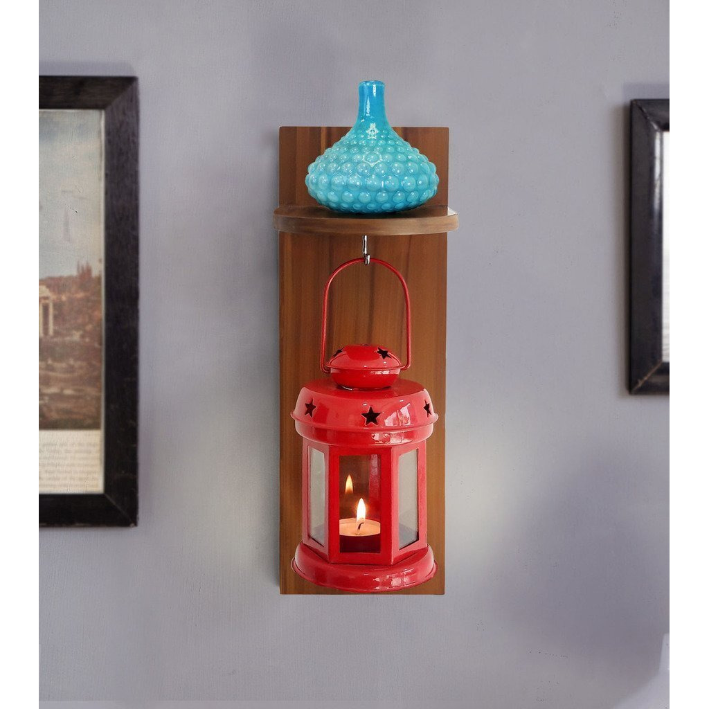 Tied Ribbons Wall Hanging Wood Shelf with Metal Lantern Candle Holder for Home Bedroom Livin Room Balcony Decoration