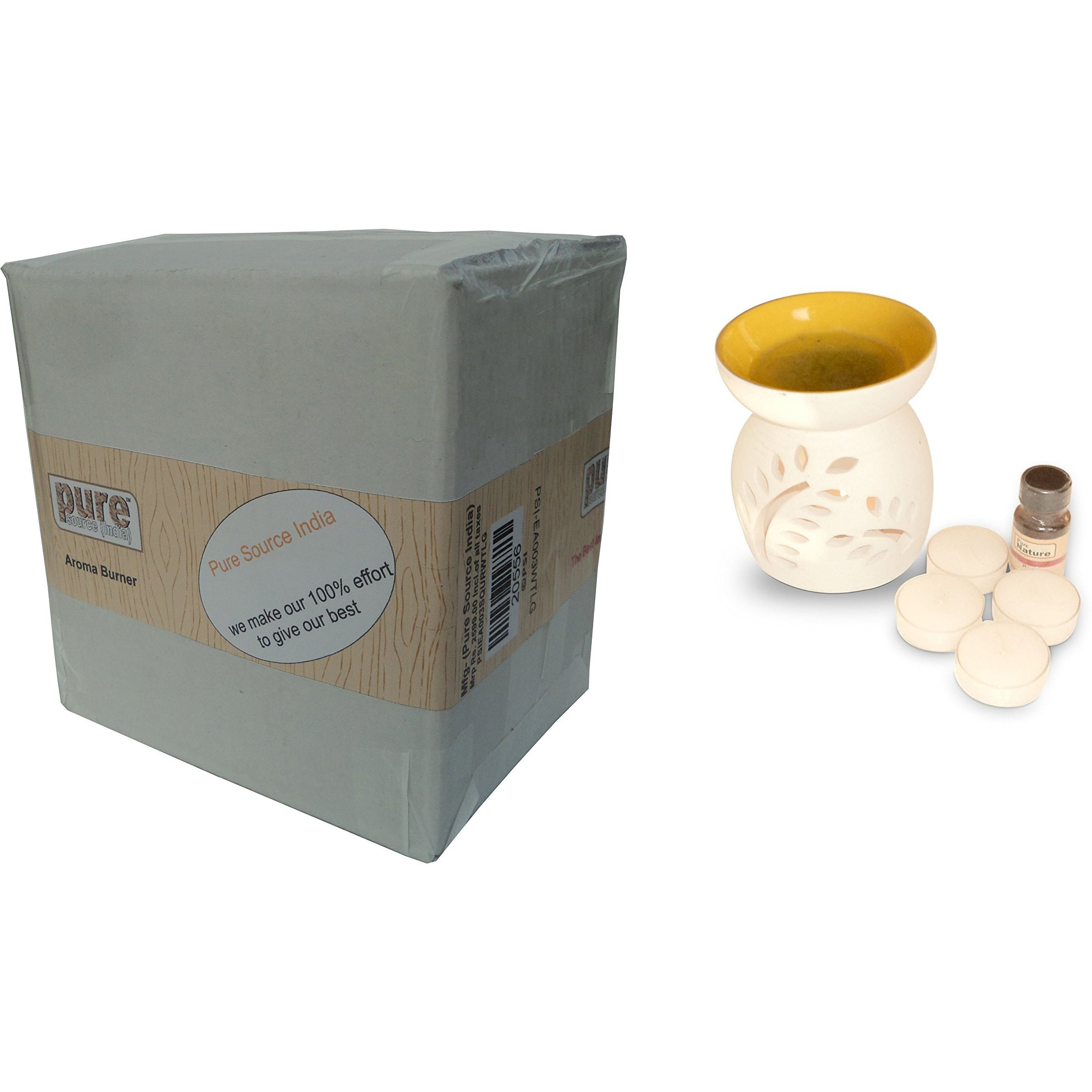 Pure Source India Ceramic Aroma with top Bowl Yellow Color Burner and 10 ML Sandalwood Aroma Oil Plus 4 Tea Light Candle
