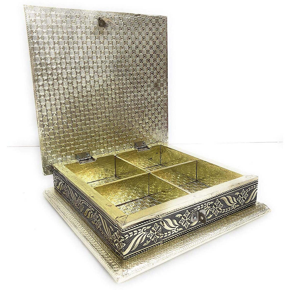 RIOMAX Decorative Empty Dry Fruit Box/Wooden Dry Fruit Box/Sweets Box/Gift Box/Mukhwash Box/Dry Fruit Tray (4 Section Box, Rajwadi Meva Oxidized)