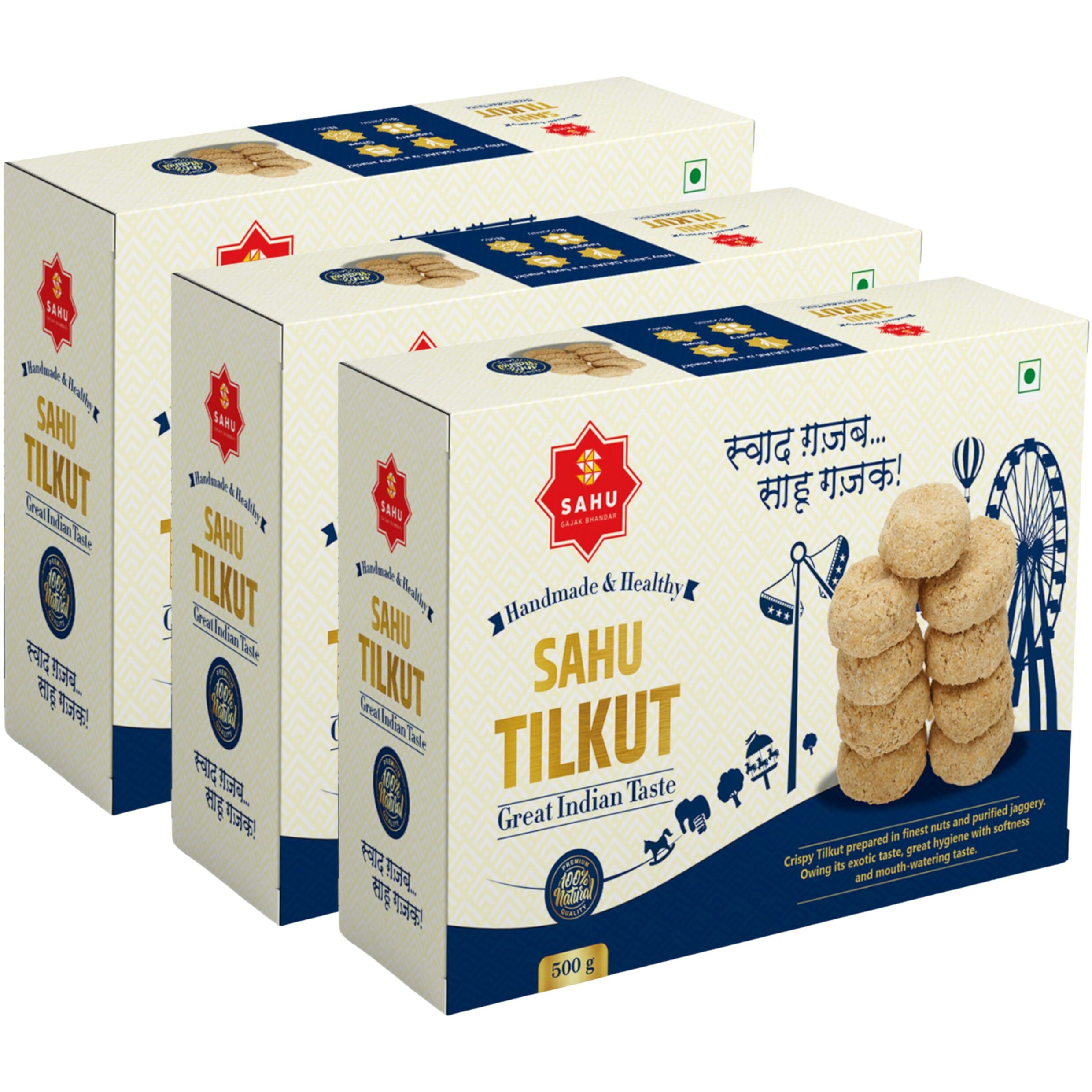 SAHU GAJAK BHANDAR Special Kutema Gajjak 1500g (Pack 3 Each 500g) Tilkatri | Tilkut Jaggery Sweets | Gud Gazak | Teelkut | Tilkoot | Tilcut | Tilkutt | Tillkut | Tillkutt