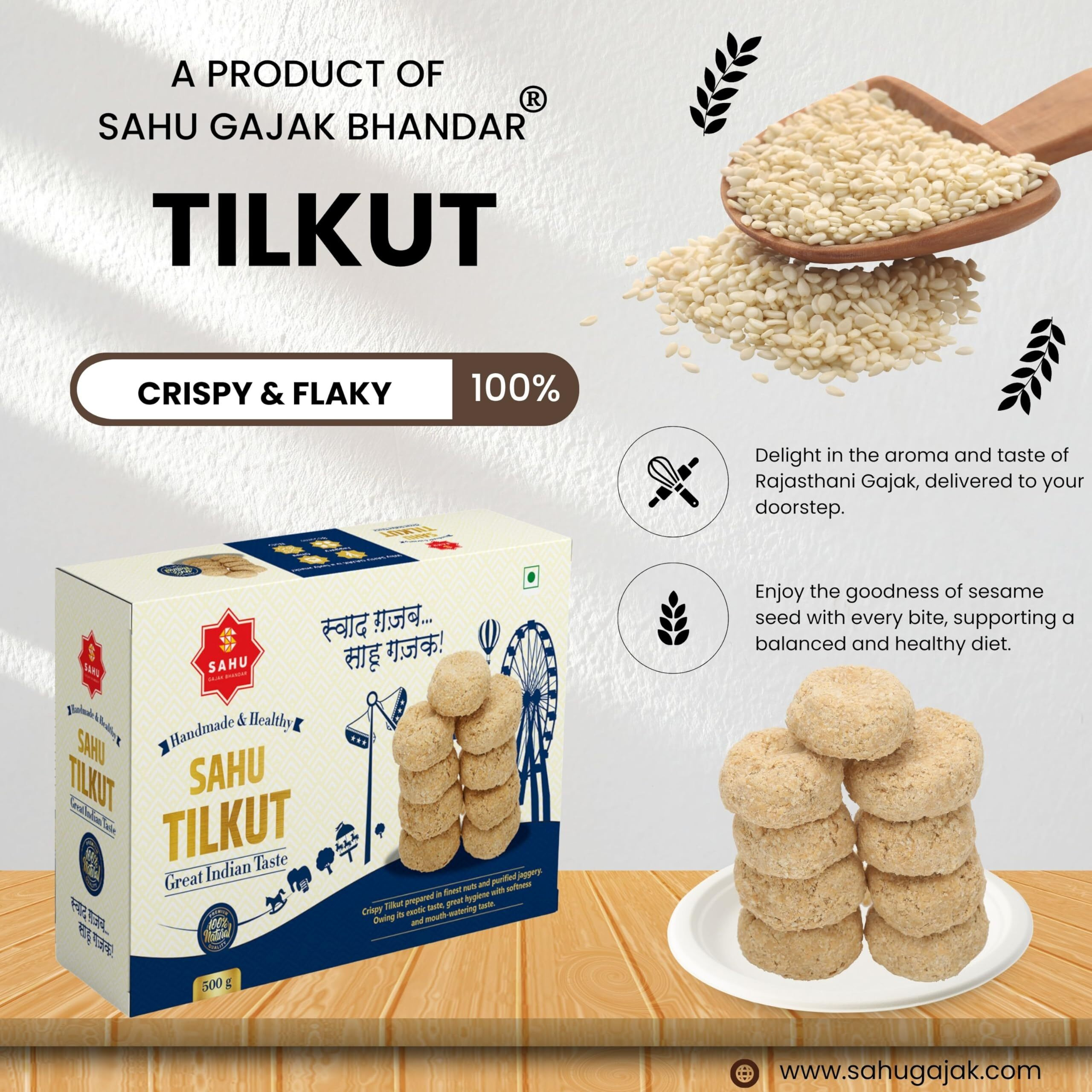 SAHU GAJAK BHANDAR Sahu Tilkut Gajak 500 Gram | Kutema Gajjak | Tilkatri | Tilkoot | Tilkut | Sweets and Snacks | No Added Preservatives