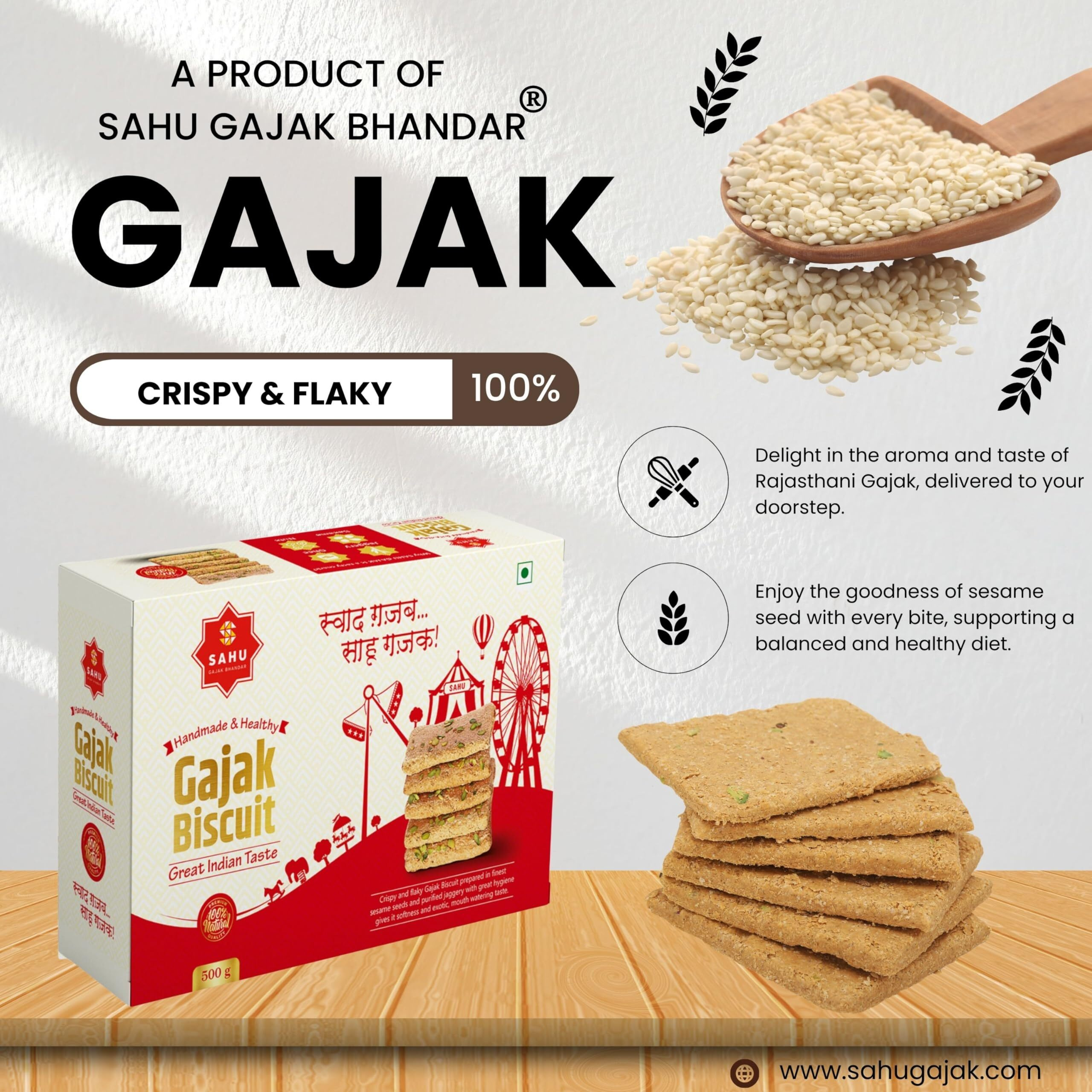 SAHU GAJAK BHANDAR Rajasthani Homemade Traditional Khasta Gazak 500 Gm | Healthy Snacks and Sweets | Gajjak | Gud Gachak | Gazzak | Til Ki Chikki | No Added Preservatives and Colours and Flavours