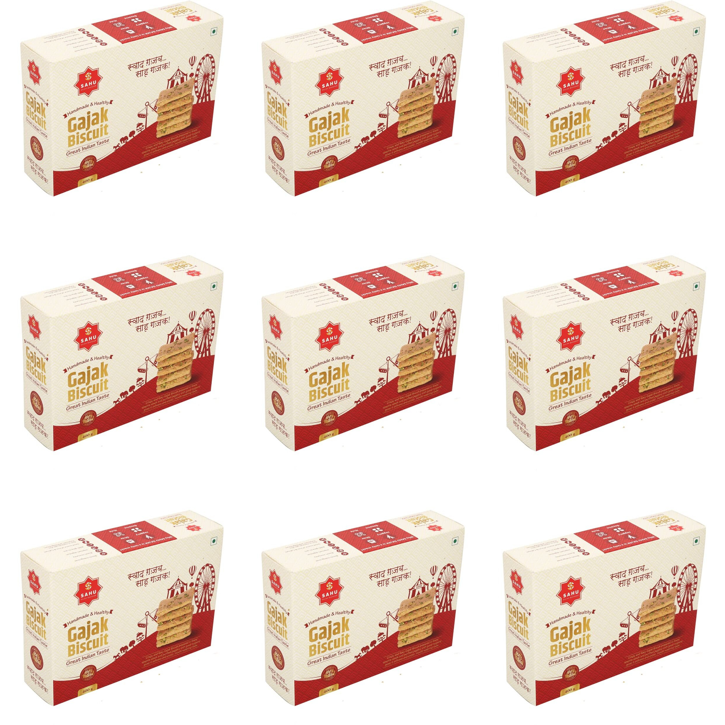 SAHU GAJAK BHANDAR Crispy & Flaky Gajjak 3600 Gm (Pack of 9 Each 400) | Chikki | Gazak | Gachak | Gazak | Gazzak | Tilkut |Sesame Bar |Jaggery Sweets & Snacks | Healthy Snack Gift Boxes