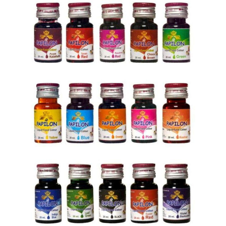 Papilon Liquid Food Colour Pack of 20ml x 15 Bottles for Cake/ Baking/ Cookies/icecreams/Sweets